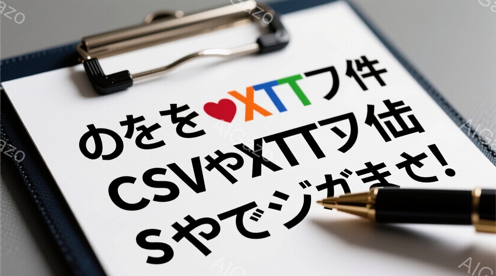 クリップボードの上には、黒色のペンが一本斜めに置かれており、その横には金色のペンが置かれている。クリップボードの表面には文字が書かれており、背景はぼやけたグレーで、全体的にビジネスシーンを想起させる。落ち着いた色調とシンプルな構図で、集中して何かを検討しているような雰囲気を醸し出している。