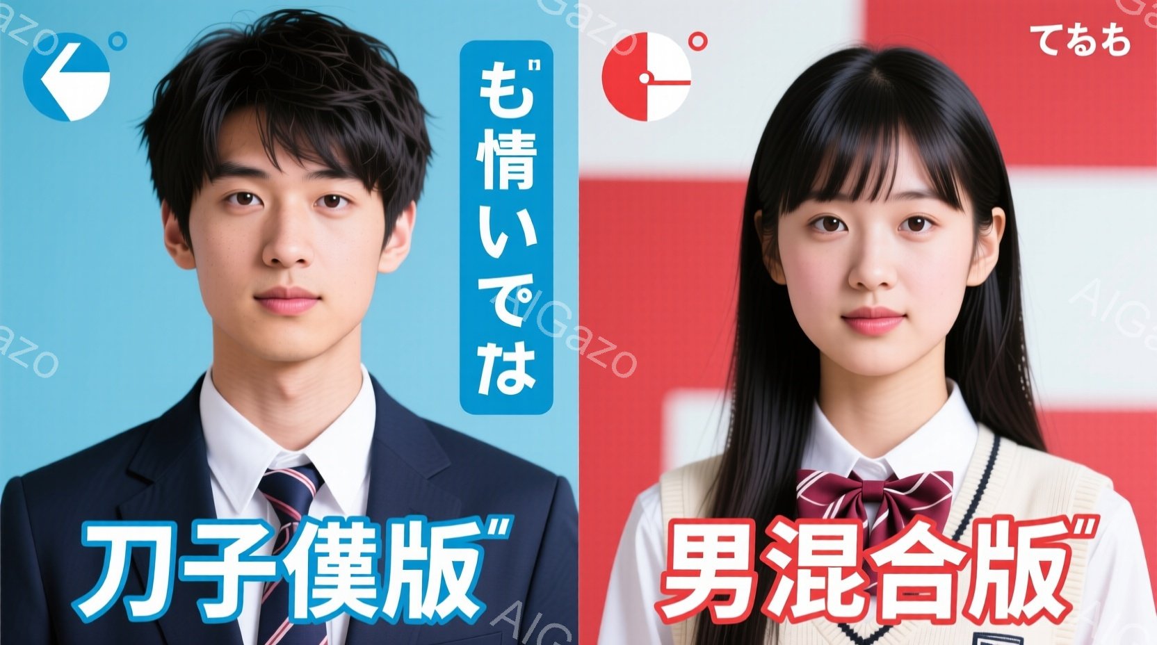 制服を着た若い男女のポートレートです。男性は黒いブレザー、白いシャツ、ネクタイを着用し、短髪で穏やかな表情をしています。女性はセーラー服を着ており、長い髪をリボンで留め、明るい笑顔を見せています。 - AI生成フリー素材