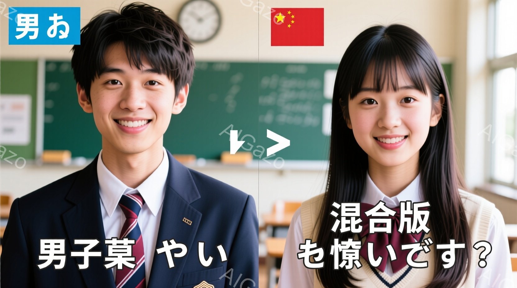 制服を着た男女の学生が並んで写っている。男性は紺色のブレザーに赤いネクタイ、整髪された短髪で、笑顔を見せている。女性は白いブラウスに紺色のブレザー、長い黒髪で微笑んでおり、背景には教室の黒板と時計が見 - AI生成フリー素材