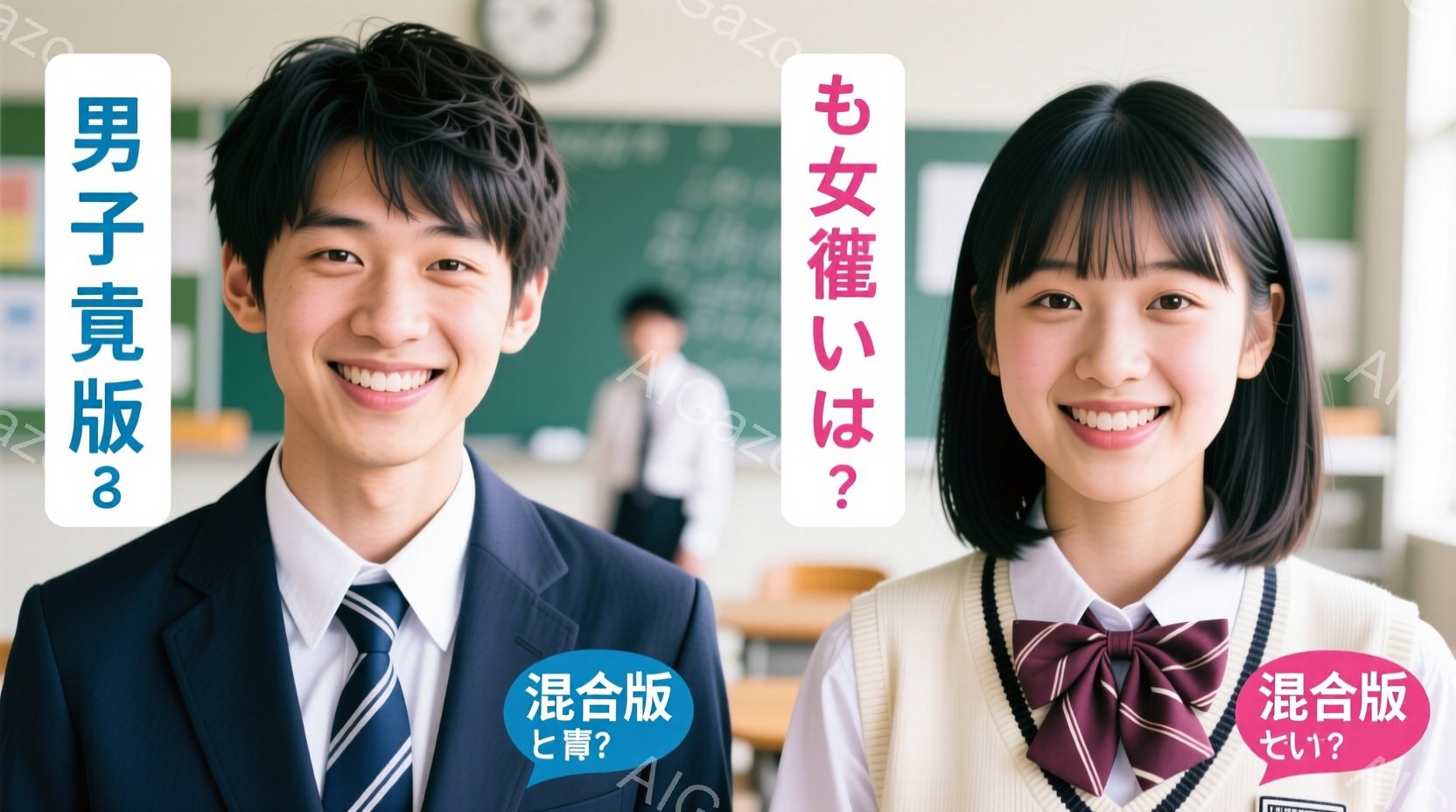 制服を着た男子学生と女子学生が正面を向いて微笑んでいる。男子は黒いブレザーに白いシャツ、ネクタイを着用し、短髪で清潔感のある印象を与えている。女子はセーラー服に赤色のリボンをつけ、肩までの中間髪長で、明るい笑顔を見せている。