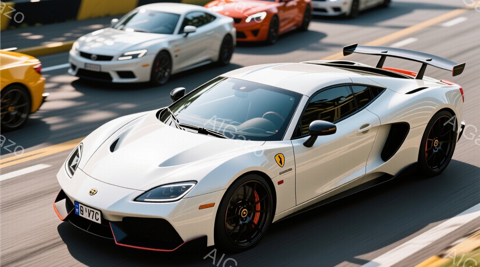 白いスポーツカーが道路を疾走しており、黒いホイールとスポイラーが特徴的です。背景には、同様の色の別のスポーツカーが複数見え、高速道路のような場所で撮影されたようです。全体的に、スピード感と高級感が漂う、躍動的な写真です。