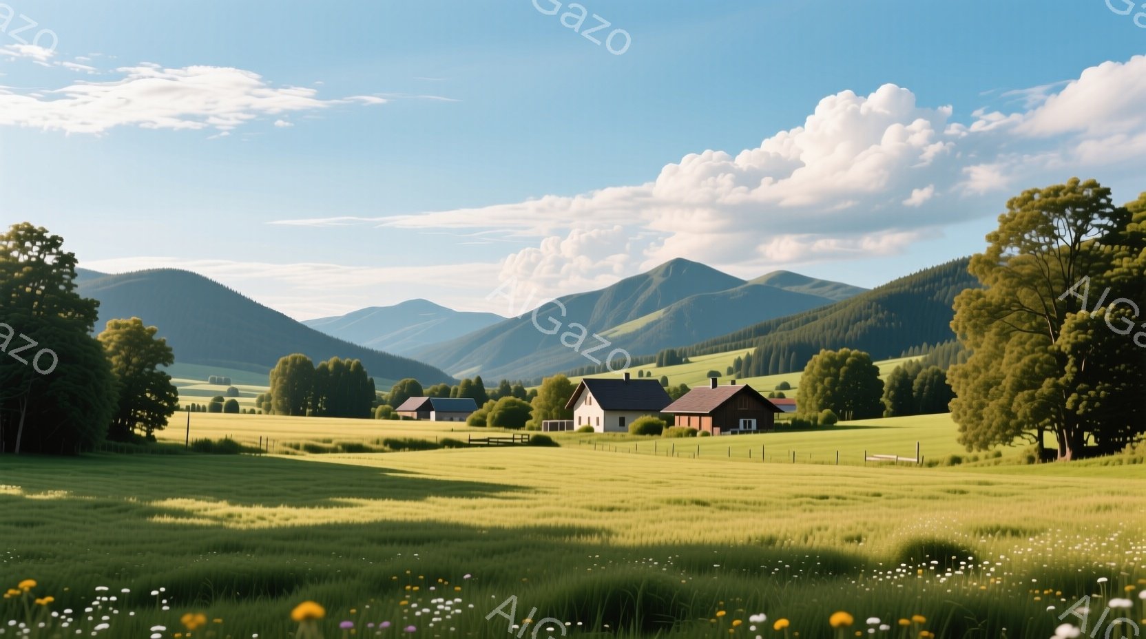 広大な緑の草原が広がり、その奥には穏やかな丘陵地帯が連なっている。点在する可愛らしい家々は、赤い屋根と白い壁で彩られ、木々に囲まれている。青空に浮かぶ白い雲と、草原を彩る小さな花々が、のどかで平和な雰囲気を醸し出している。