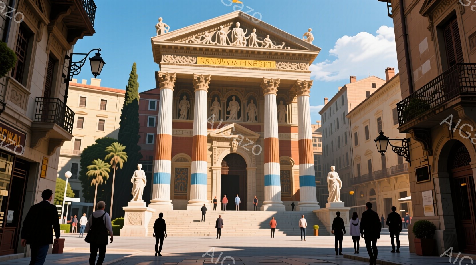 広々とした石畳の広場には、古代ローマ様式の壮大な建物がそびえ立っており、白大理石の柱が特徴的である。建物正面には彫像が配置され、広場を歩く人々はビジネススーツやカジュアルな服装で、様々なポーズで闊歩している。背景には、カラフルな建物が並び、青空の下、パームツリーも確認でき、地中海沿岸の明るい雰囲気を醸し出している。