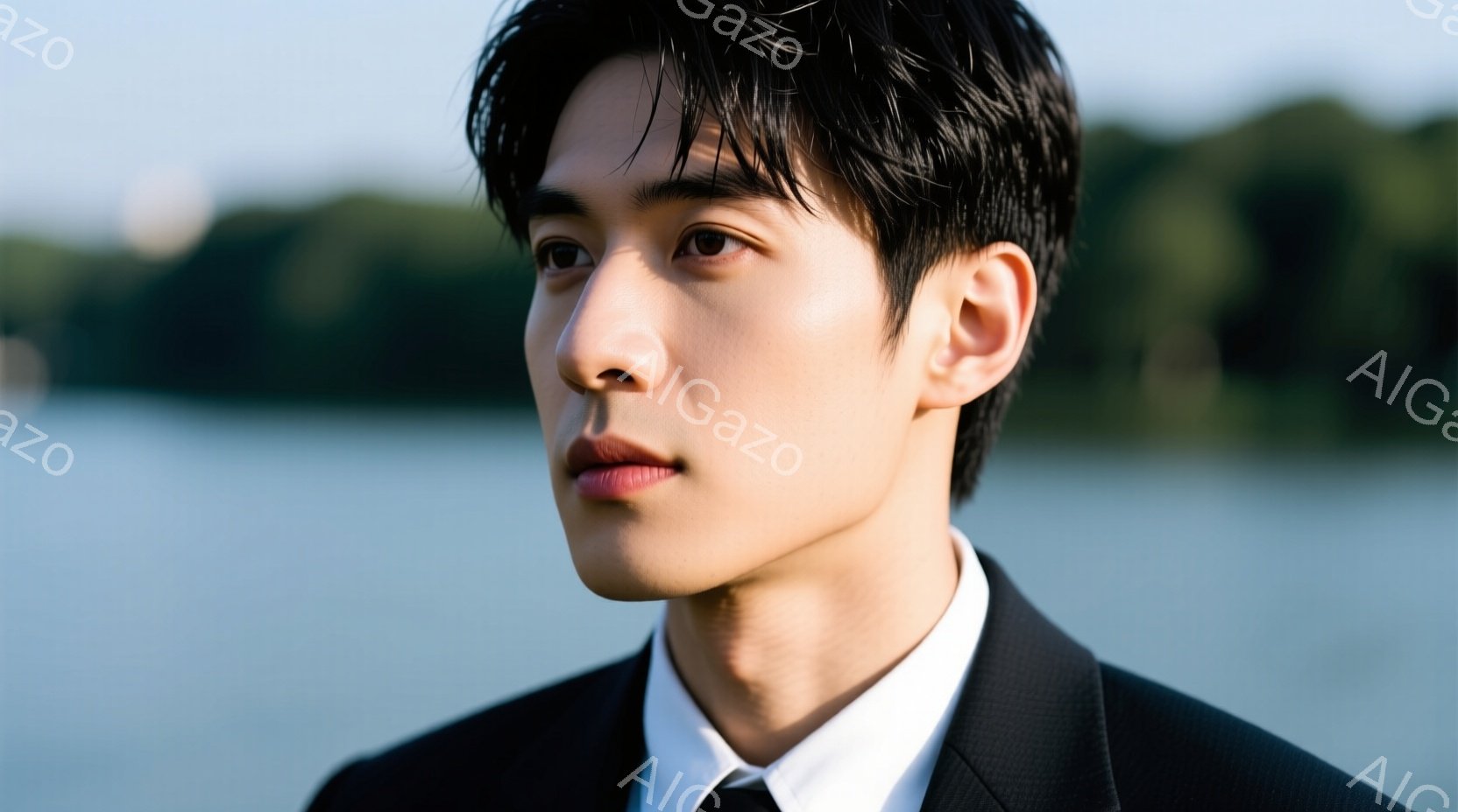 この男性は、黒いスーツと白いシャツ、ネクタイを着用し、少し横を向いて遠くを見つめています。髪型は短く整えられ、表情は真剣で落ち着いています。背景には、緑豊かな木々や水面が見え、穏やかで洗練された雰囲気を醸し出しています。