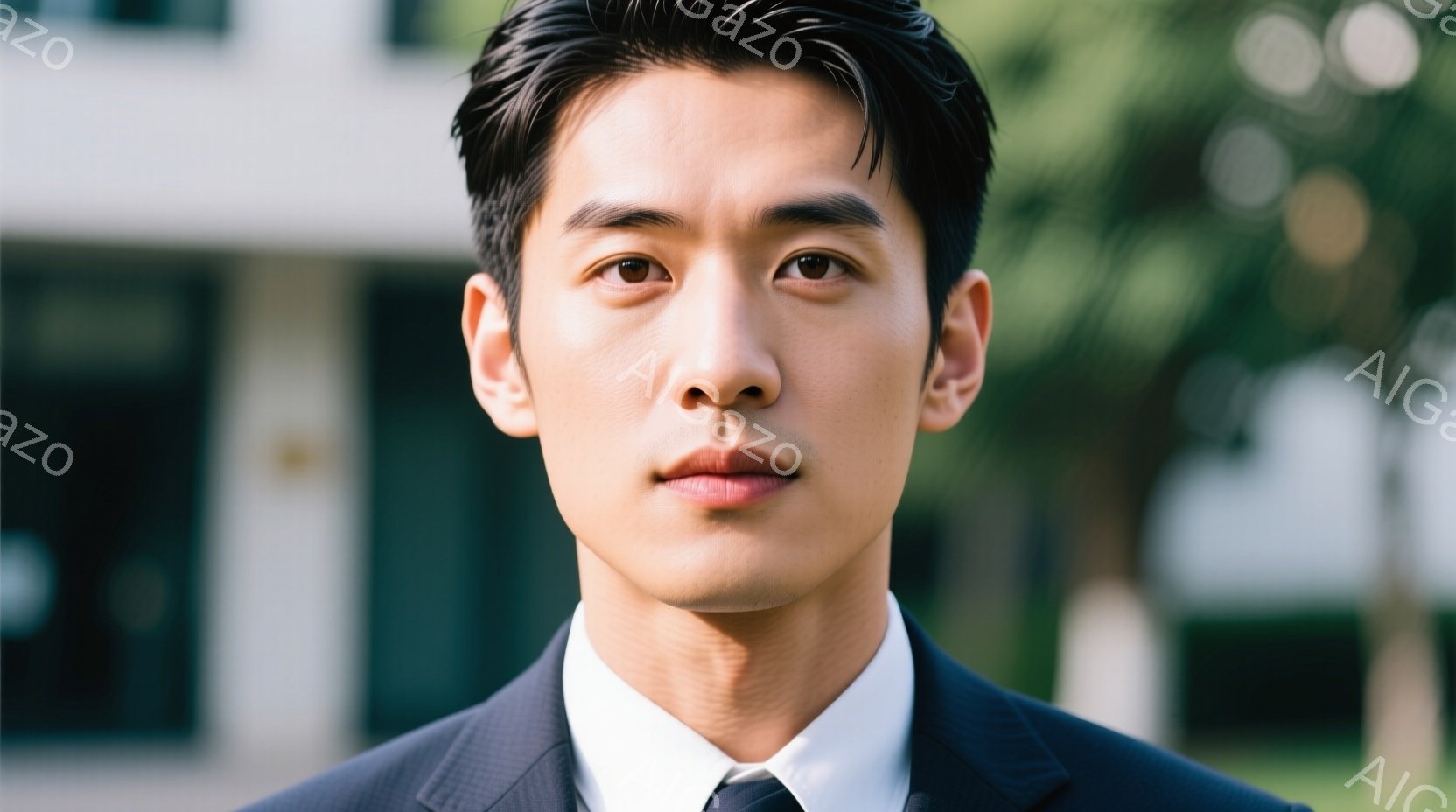 男性はスーツとタイを着用し、両手をポケットに入れた姿勢をとっており、清楚な表情で視線を直接向けている。背景は庭園風の環境であり、青空が見えることから、日時は朝や後日の日になる。