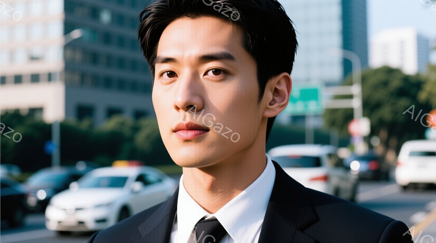 この男性は、黒いスーツに白いシャツ、黒いネクタイを着用し、フォーマルな服装をしています。彼は正面を少し見上げた状態で、真剣で落ち着いた表情を浮かべています。背景には高層ビル群と交通量の多い道路がぼやけ - AI生成フリー素材