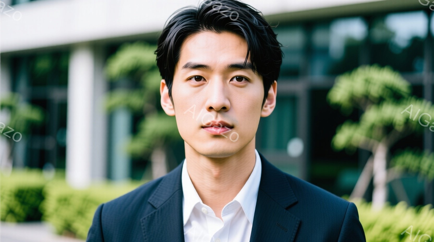 この男性は、紺色のスーツに白いシャツを着ており、きちんとした印象を与えています。髪型は短く、整えられており、表情は落ち着いていて真剣です。背景には緑豊かな木々と近代的な建物が見え、晴れた日の屋外で撮影 - AI生成フリー素材
