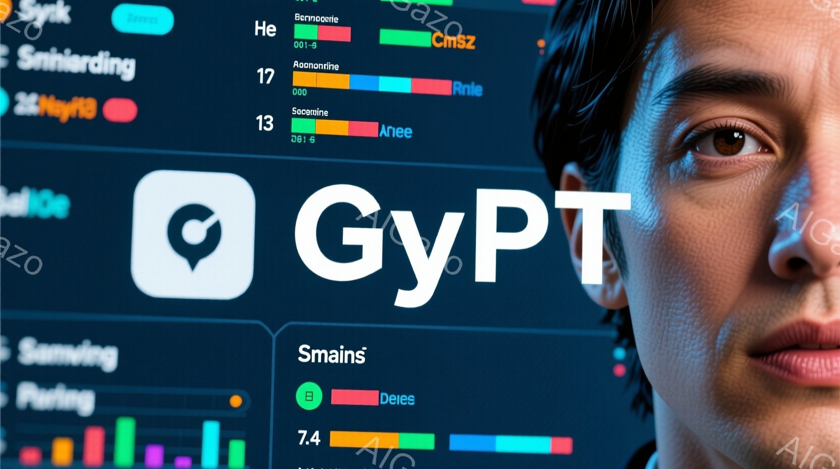 片方の耳にイヤホンを装着し、正面を見つめる女性の顔のクローズアップです。彼女はダークヘアで、穏やかで集中した表情をしています。背景には、様々な名前と数字が並んだ、コンピュータ画面のようなものが写っており、サイバーな雰囲気です。