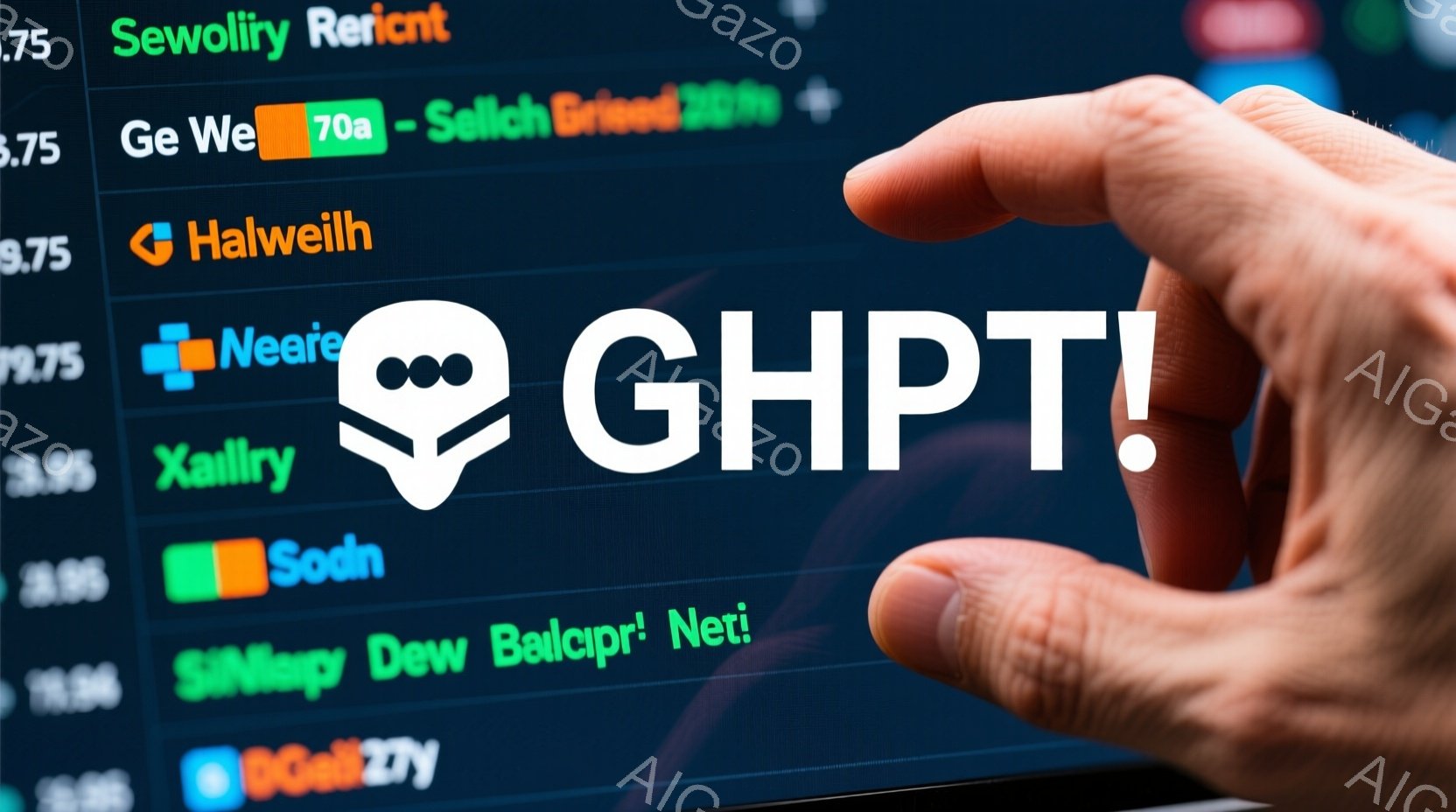 画面には様々な文字と数字が並び、金融市場のデータが表示されているように見えます。指が画面の隅にある「Soohn」という単語を指している様子が写っており、誰かがその情報を確認しようとしていることがわかります。全体的に、金融情報や取引に関連する画面を操作している様子を表しています。