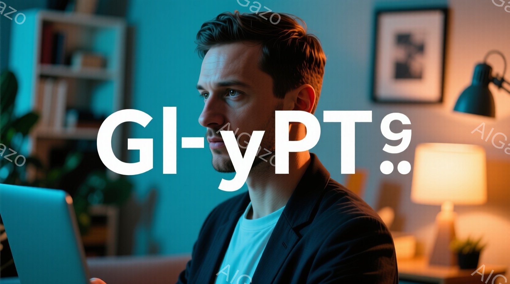 紺色のジャケットと白いTシャツを着た男性が、ノートパソコンに向かって集中して作業しています。彼は短髪で、やや真剣な表情を浮かべており、室内は落ち着いた照明で照らされています。背景には本棚や植物が見え、 - AI生成フリー素材