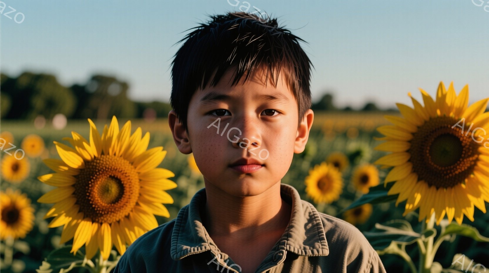 少年はヒマワリ畑の中で正面を見据えています。彼はグレーがかった緑色のシャツを着ており、黒髪は短く整えられています。表情は穏やかで、少し物憂げな印象を与え、背景の鮮やかなヒマワリとのコントラストが印象的です。