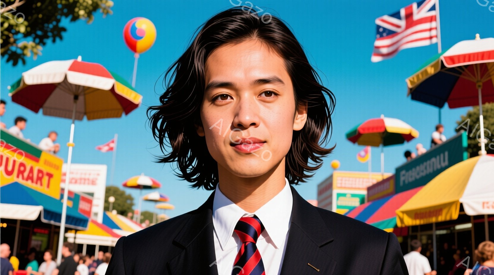 若い男性が黒いスーツと赤いストライプのネクタイを着用し、カメラに向かって正面を向いている。彼の髪は肩にかかる長さで、自然なウェーブがかかっている。背景にはカラフルなパラソルや屋台が並び、賑やかな祭りのような雰囲気である。