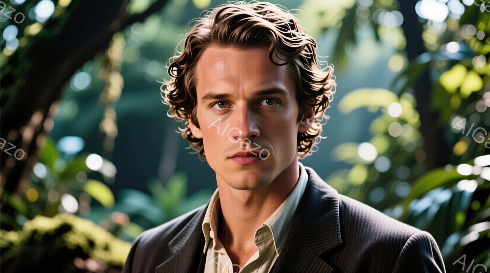 明るい緑色の背景に、整った髪型の若い男性が写っている。彼はベージュのシャツにダークブラウンのスーツジャケットを着ており、やや真剣な表情をしている。背景はぼやけた緑豊かな植物で、自然光が差し込み、全体的に穏やかで洗練された雰囲気を醸し出している。