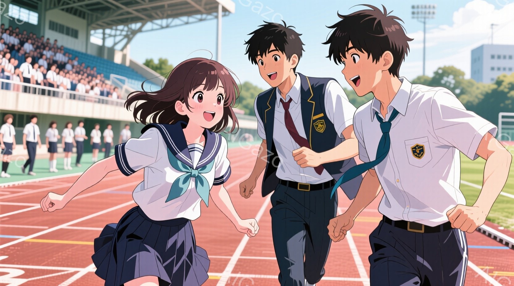 制服を着た男女の生徒たちがトラックで走っている様子が描かれています。女性は白いシャツに紺色のスカート、男性は白いシャツに紺色のズボンとブレザーを着ており、皆笑顔で活気に満ちています。背景には観客席とト - AI生成フリー素材