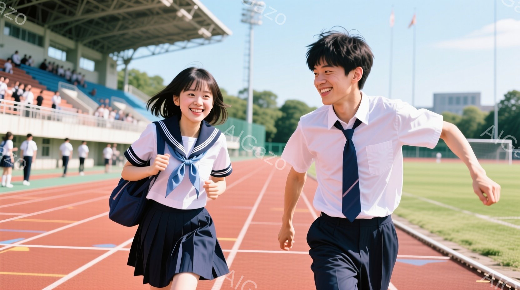 高校生と思われる男女がトラックを走っている様子が写っています。女子は紺色のスカートとセーラー服、男子は白シャツにネクタイ、紺色のズボンを着用しており、笑顔で前を見据えています。背景には観客席と緑の芝生 - AI生成フリー素材