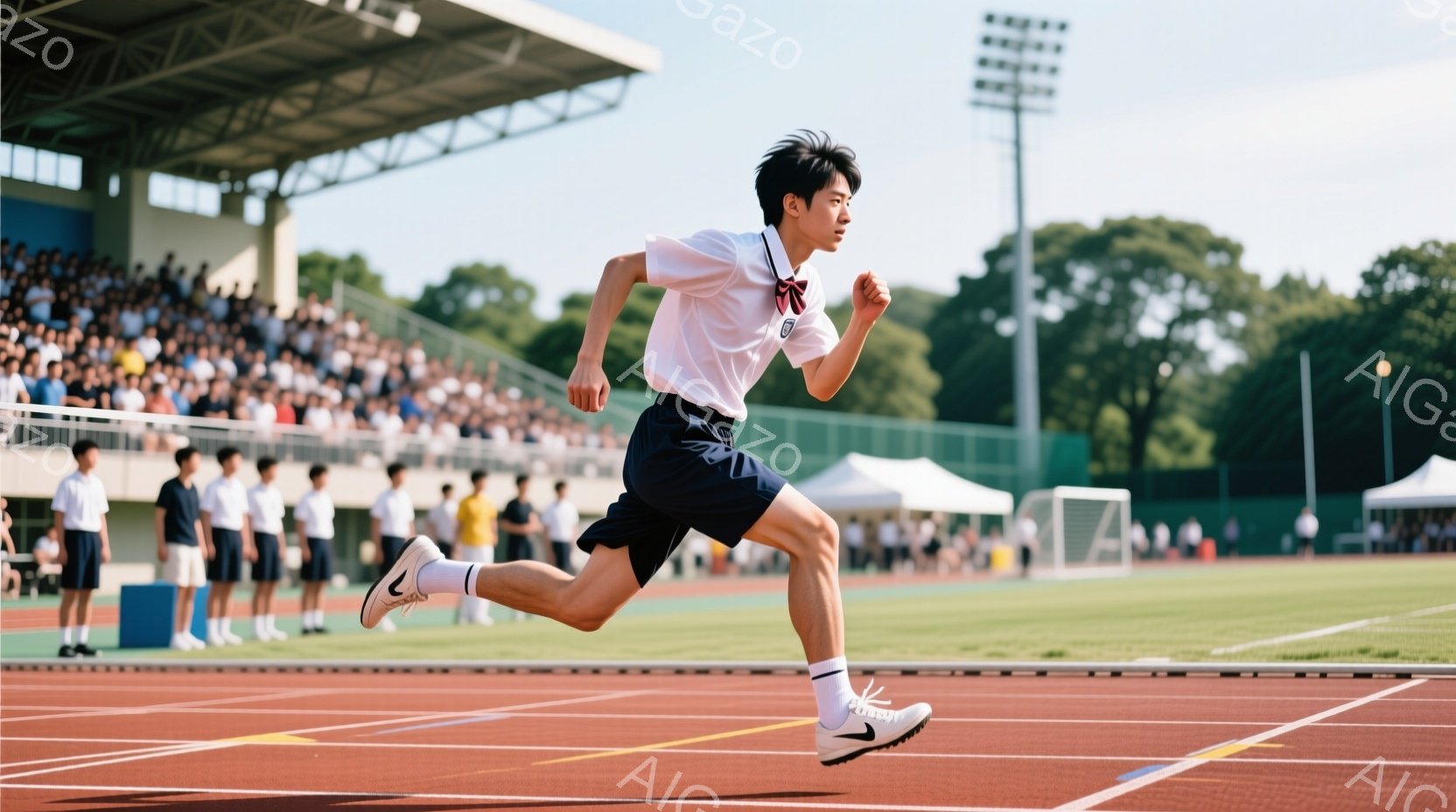 陸上競技場で疾走する男子高校生が写っている。白いシャツに紺色の短パン、白いソックスと黒いランニングシューズを履き、髪は短く整えられている。背景には観客席や緑豊かな木々が見え、晴天の下、活気あふれる競技場の雰囲気が伝わってくる。