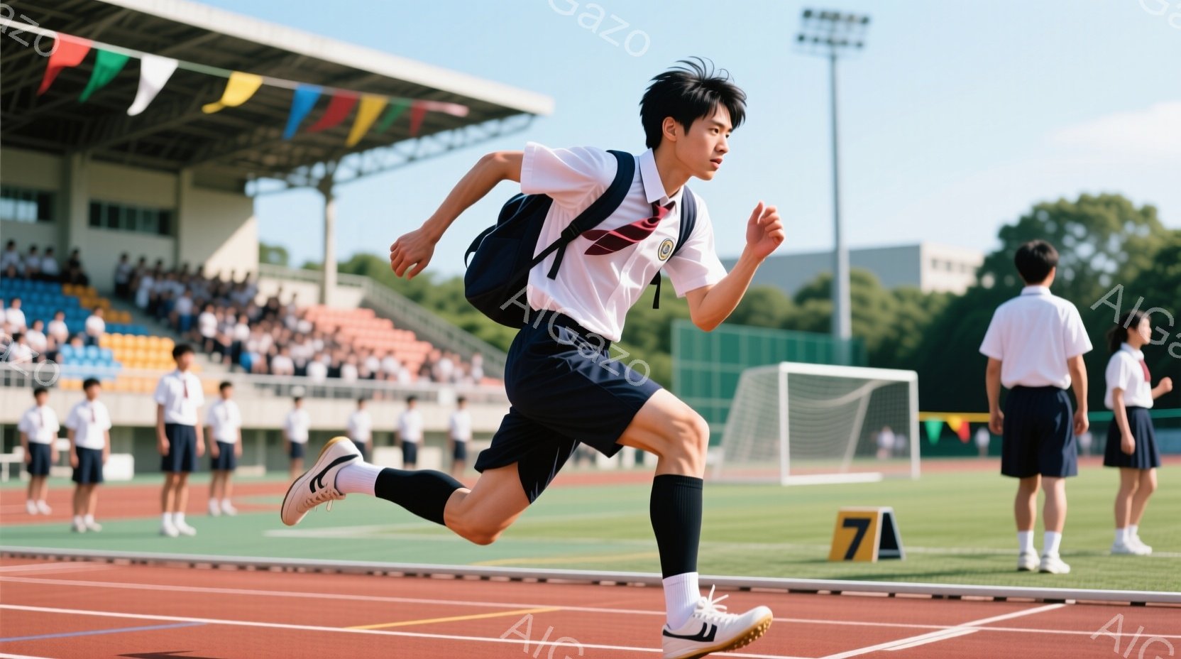 紺色の短パンと白の半袖ポロシャツを着た男子学生が、陸上競技場のトラックを全力で走っている。彼は黒いリュックを背負い、髪は短く、走ることに集中した表情をしている。背景には観客席と緑の芝生、そして晴れた空 - AI生成フリー素材