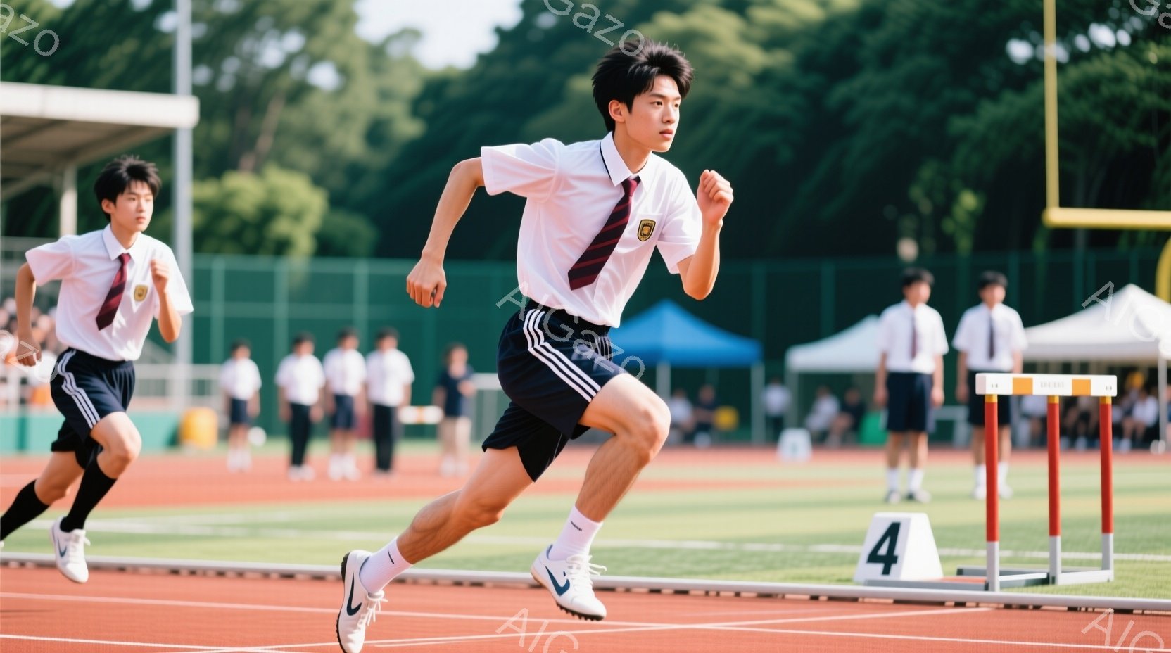 陸上競技場で若い男性がハードルを飛び越えようとしている様子が写っている。彼は白いシャツに黒い短パン、運動靴を履き、真剣な表情で前進している。背景には、他の生徒や観客、そして緑豊かな木々や建物が見え、晴天の下、活気のある競技会の雰囲気が漂っている。