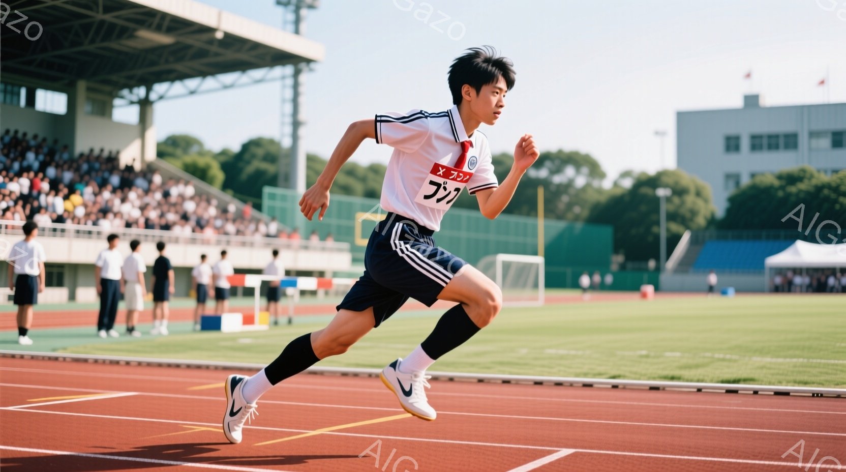 競技場で走り出す男子生徒が写っている。白地に黒のラインが入ったトラックジャケットと黒い短パン、そして白と青のランニングシューズを身に着け、髪は短く整えられている。背景には観客席や緑の木々が見え、晴天の - AI生成フリー素材