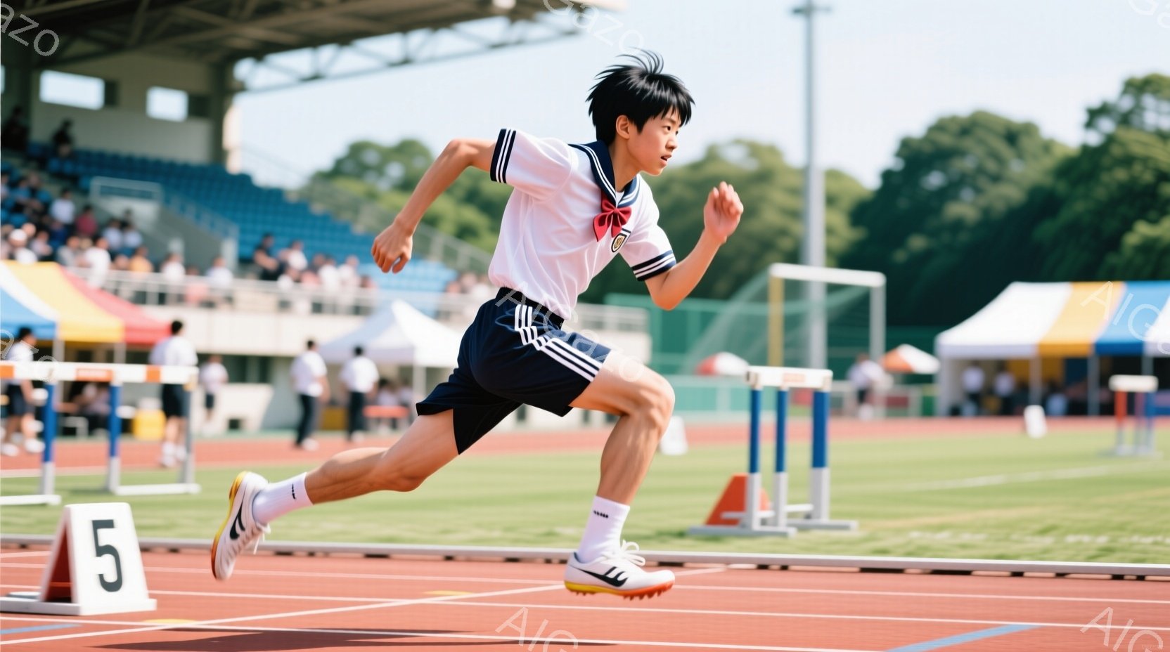 短い黒髪の男子学生が、トラック競技場で疾走している。白と紺色の制服姿で、鋭い表情で前を見据え、左足で大きく踏み出している。背景には観客席や緑豊かな木々が見え、晴天の下、活気のある競技場の雰囲気が伝わってくる。