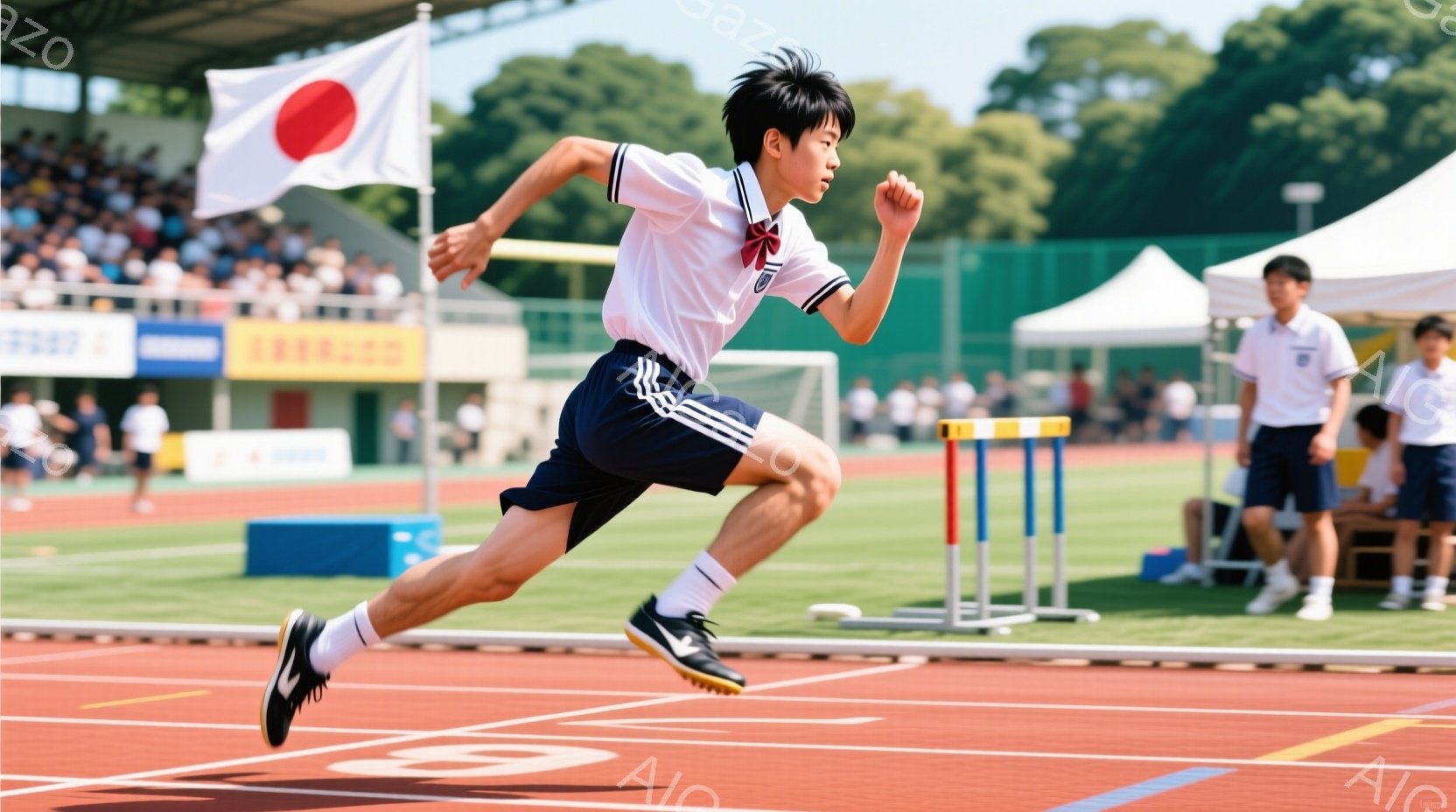 陸上競技場で走る男子高校生が写っている。彼は白いシャツに紺色の短パン、白いソックスとスパイクを履いており、髪は短く整えられている。背景には観客席や白いテント、青空が広がり、活気のある競技会の様子が伺える。