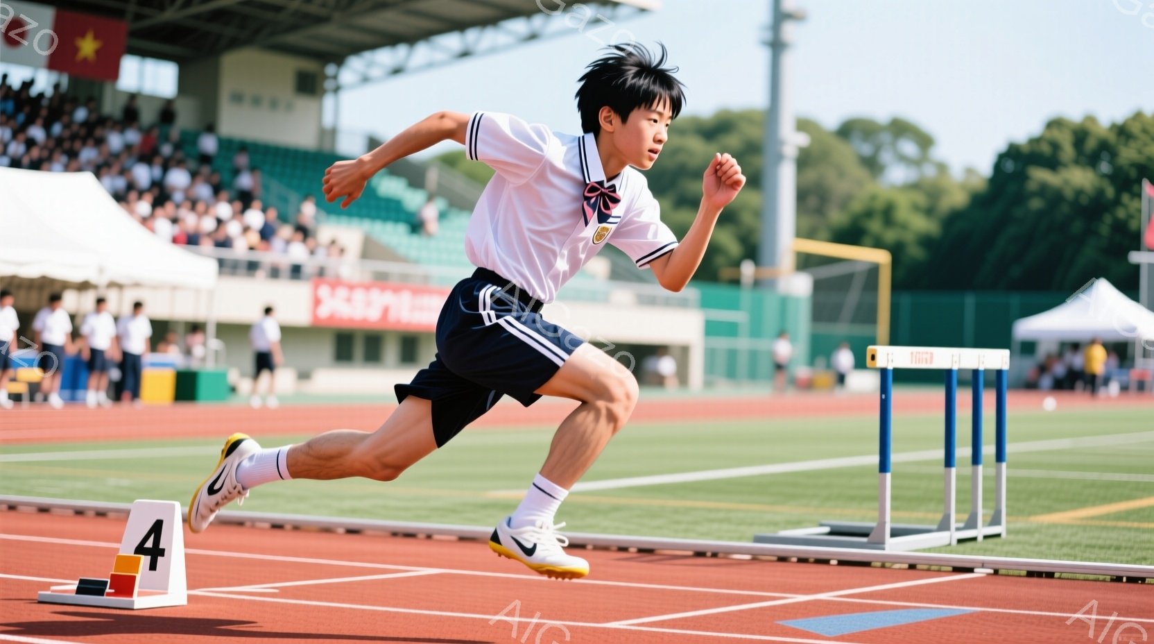 少年はトラックで疾走しており、競技用ユニフォームである白いシャツと紺色の短パンを着用しています。彼の髪は短く、前髪が少し落ちており、集中した表情で走っています。背景には観客席と青空が広がり、トラック競技の活気ある雰囲気が伝わってきます。