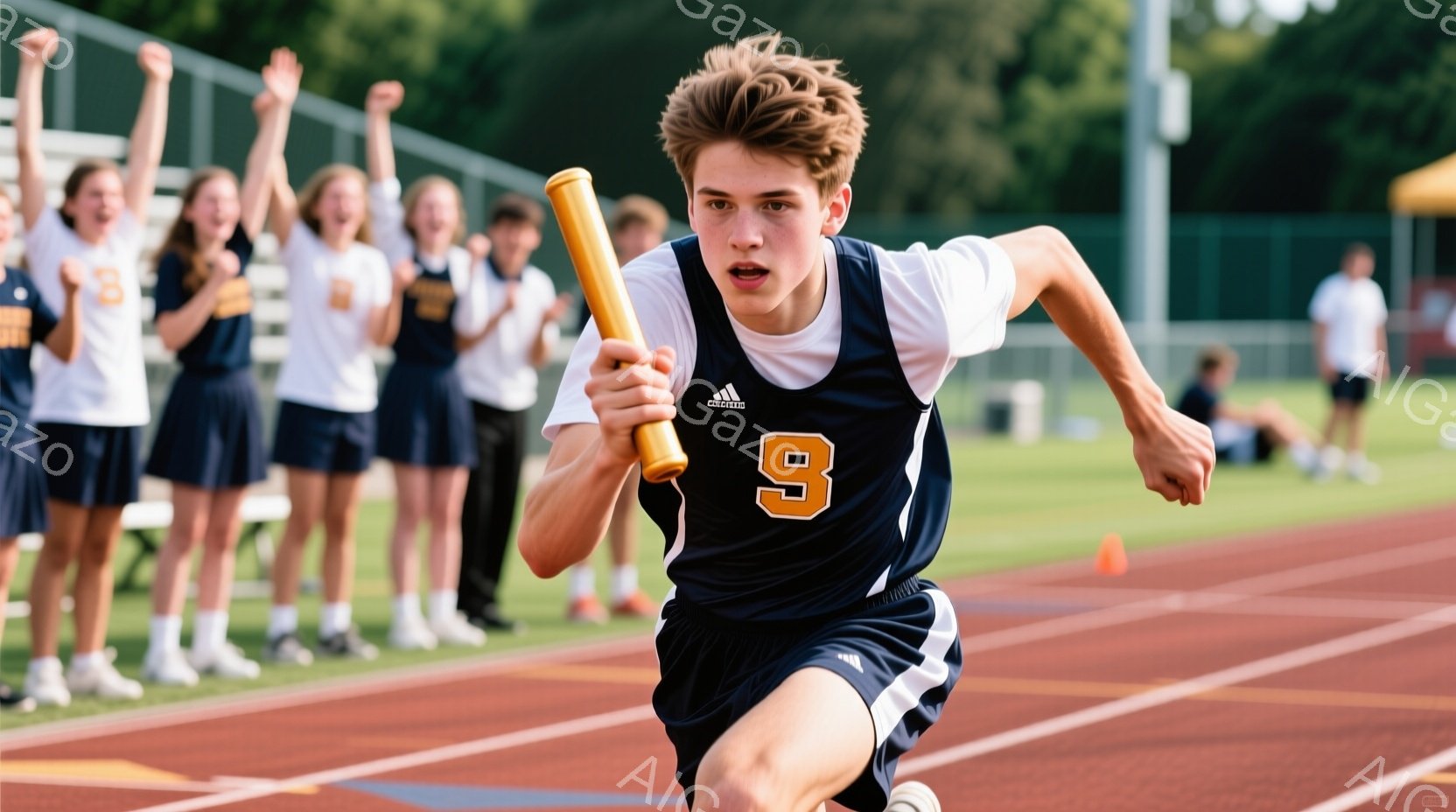 紺と白の陸上競技用ユニフォームを着た若い男性が、トラックを全力で走っている。彼の表情は真剣で集中しており、右手にバトンを持っている。背景には他の選手や観客、そして緑豊かな風景が広がり、晴れた日の競技場の活気ある雰囲気が感じられる。