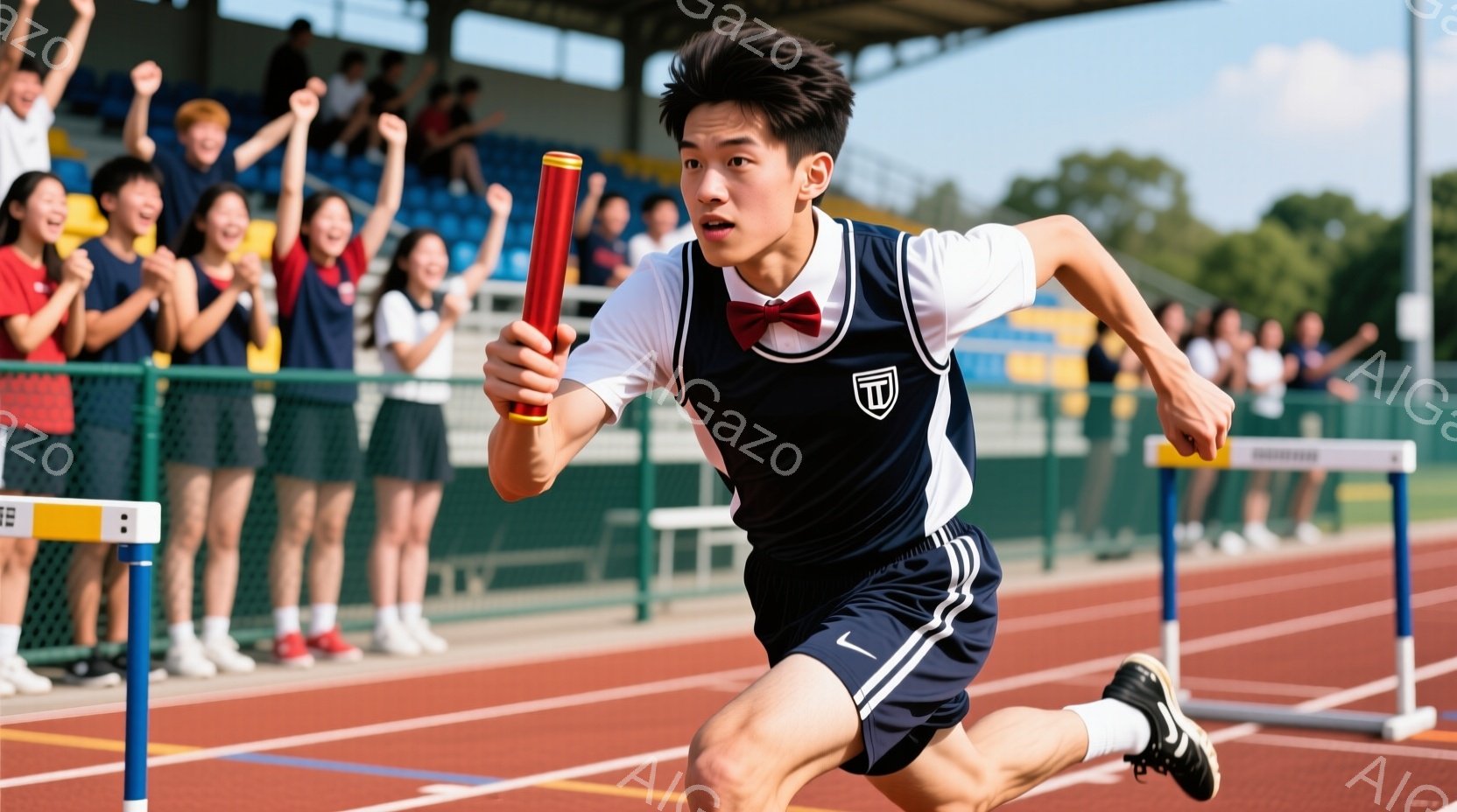 陸上競技場でリレーをする男子学生が写っている。紺色のユニフォームに白いパイピングと赤いネクタイが特徴的で、真剣な表情でバトンを手に走っている。背景には観客席やトラック、そして晴れた空が広がり、活気に満ちた競技場の雰囲気が伝わってくる。