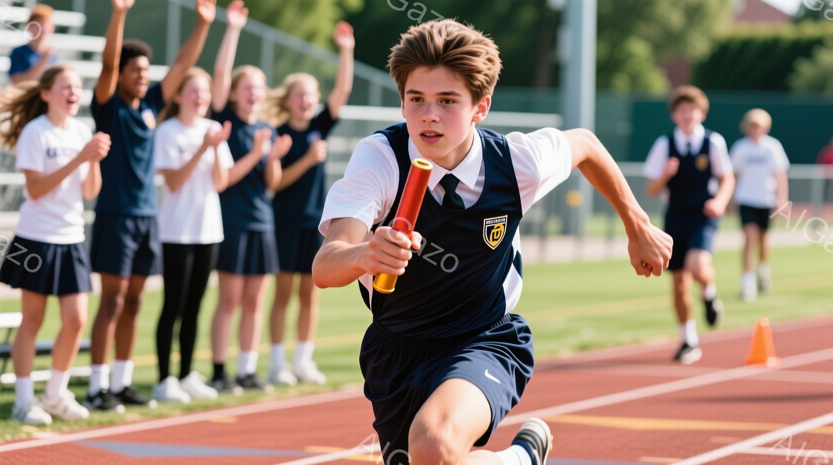 男子生徒が駅伝大会で走りながら、目指すゴールへのエネルギーを表現している写真。学校のストリップ上で、他の生徒たちによって応援される中で、注意深く走る男子生徒が主焦となります。その表情は集中しているように見えます。