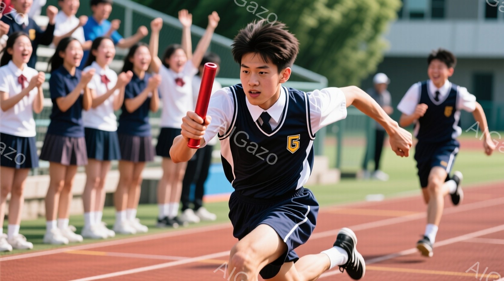 紺色のランニングウェアに、金色の文字「G」が入った選手が、陸上競技場で全力で走っている。彼の表情は真剣で、前方に集中しており、チームメイトが両手を上げて応援している背景が、熱気と活気を感じさせる。晴れた空の下、緑の芝生と赤いトラックが鮮やかで、若々しいエネルギーに満ちた光景だ。