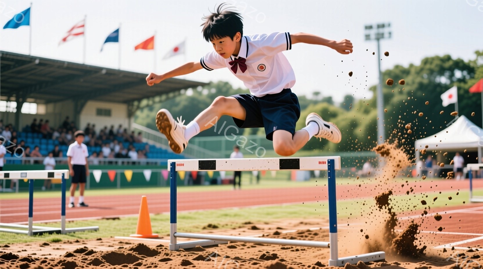 短距離走の選手がハードルを飛び越えている瞬間を捉えた写真です。白いシャツに紺色の短パン、そして運動靴を履いた少年は、力強く姿勢を高く保ち、集中した表情でハードルに挑んでいます。背景には観客席や緑豊かな - AI生成フリー素材