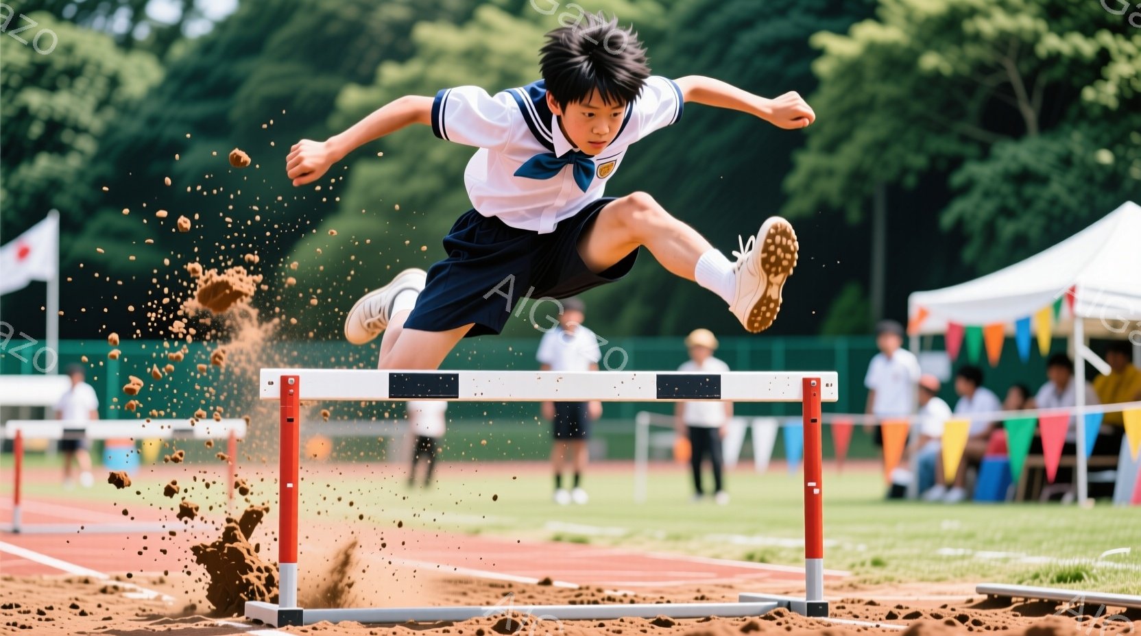 制服を着た少年がハードルを飛び越えている瞬間を捉えた写真です。少年は短髪で、集中した表情で足を高く上げ、力強くジャンプしています。背景には緑豊かな木々と観客席、そしてカラフルな旗が並び、晴れた日の運動会の活気を感じさせます。
