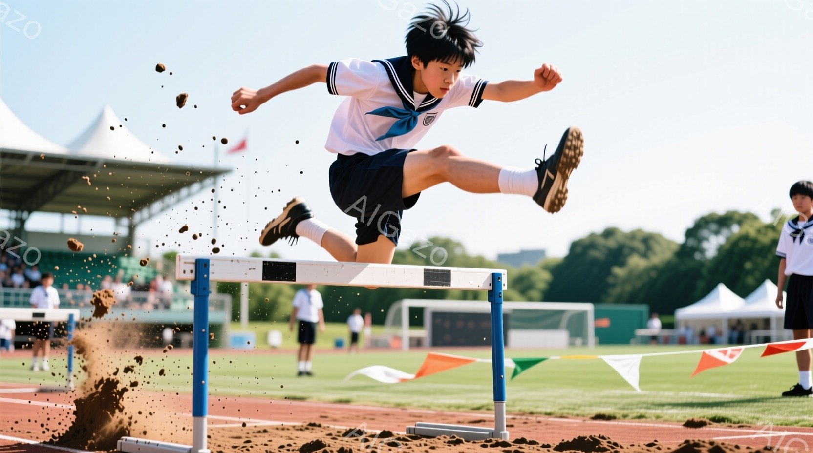 男子は陸上競技場でハードルを飛び越えています。白いシャツに紺色のズボンを着用し、短髪で、集中した表情をしています。背景には緑の芝生、観客席、そして白いテントが見え、晴天の下、活気のある競技会が行われている様子が伝わってきます。