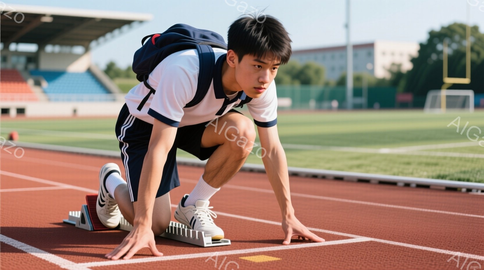 男子はトラックのスタートラインにうずくまり、競技開始の合図を待っています。白に青のラインが入った半袖シャツと黒のショーツ、白い靴を着用し、前髪を下ろした短髪に、集中した表情をしています。背景には観客席と緑の芝生、そして晴天の空が見え、活気のある競技の雰囲気が伝わってきます。