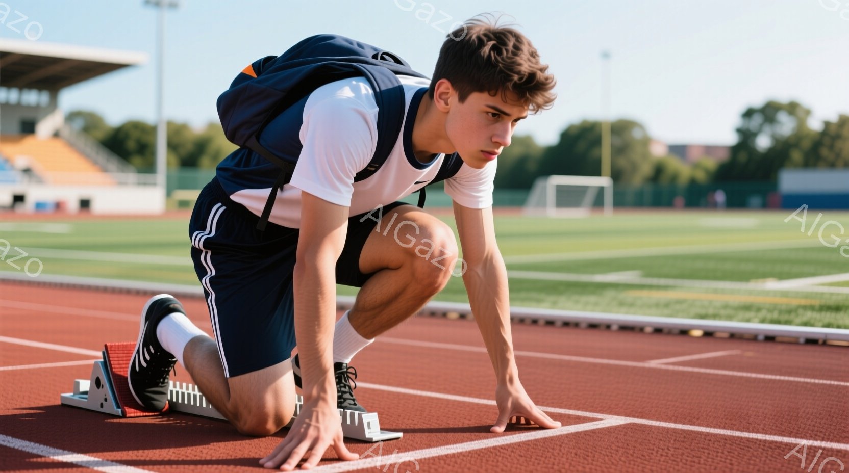 インジェストリーダーが迷路を進む。シンプルな服装、髭あり。日光下、空気澄んでいる背景。彼は集中して進行している。
