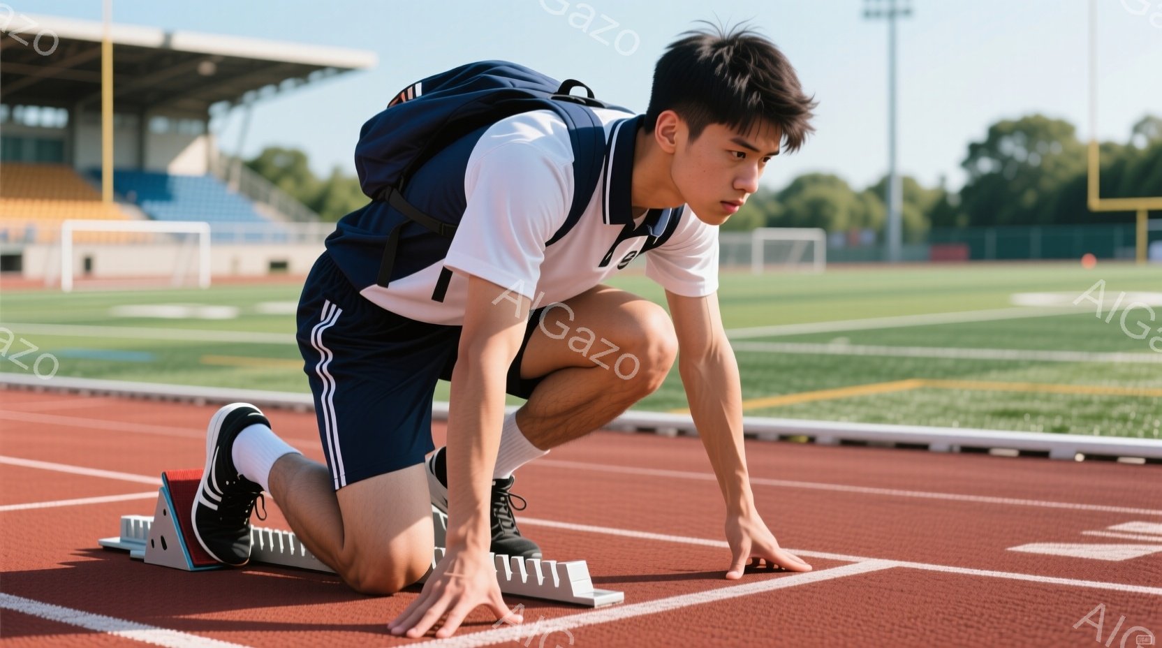 短距離走の準備をしている若い男性が写っている。彼は紺色のストライプの入った白いTシャツと紺色の短パン、白い靴下と黒いスニーカーを着用し、競技場のトラックに膝をついてスタートラインに備えている。背景には緑の芝生と観客席が見え、晴れた日の屋外で運動している様子が伝わる。