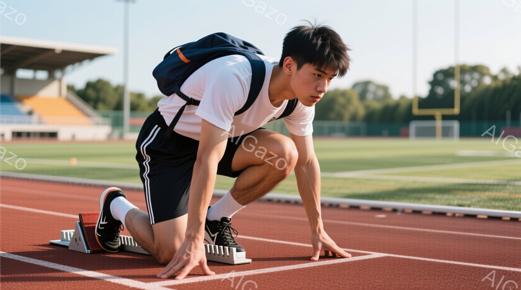 黒いショートパンツと白いTシャツを着た若い男性が、トラックのスタートラインに構えている。彼は両手を地面につけ、これから走り出す直前の姿勢で、集中した表情をしている。背景には緑の芝生と観客席が見え、晴天の下、競技場の一角でトレーニングをしている様子がうかがえる。