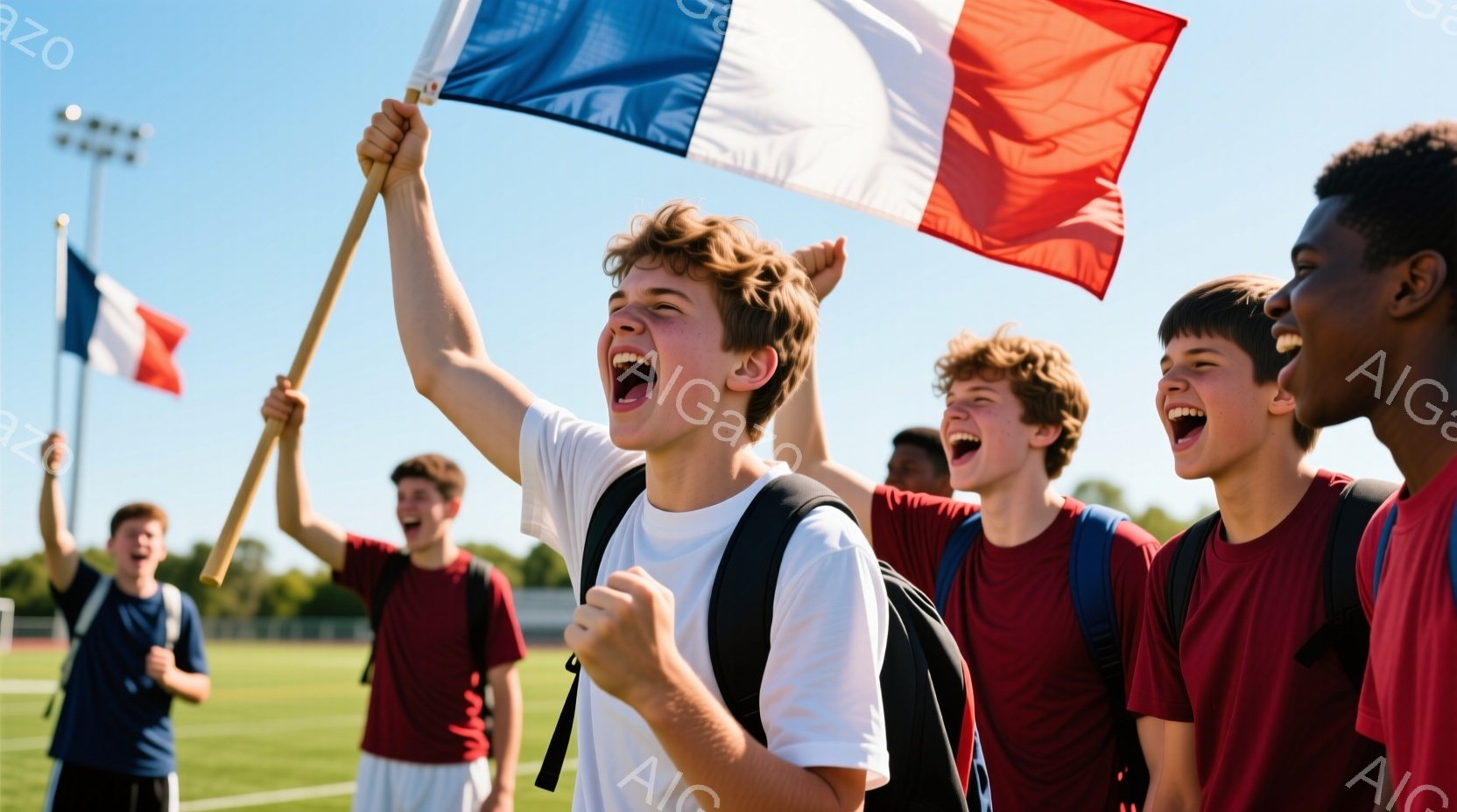 複数の少年たちが、青と赤のストライプが入ったフランスの国旗を掲げ、歓声を上げている様子が写っている。彼らは皆、赤いシャツと白い短パン姿で、リュックサックを背負い、喜びと興奮に満ちた表情をしている。背景には緑の芝生とポール、そして晴れた青空が広がり、スポーツイベントや勝利のお祝いの雰囲気が漂っている。