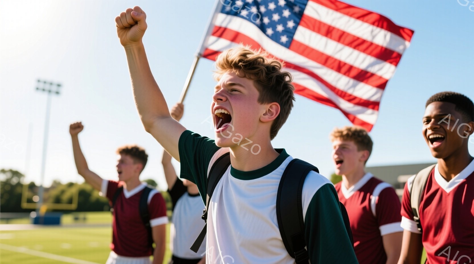 若い男性たちが緑の芝生の上で、アメリカ国旗を掲げ、勝利を祝っている様子が写っている。彼らはそれぞれ赤いシャツと緑のトリミングのシャツを着ており、興奮した表情で腕を上げている。背景には青空と木々が見え、晴れた日のスポーツイベントの熱狂的な雰囲気が伝わってくる。
