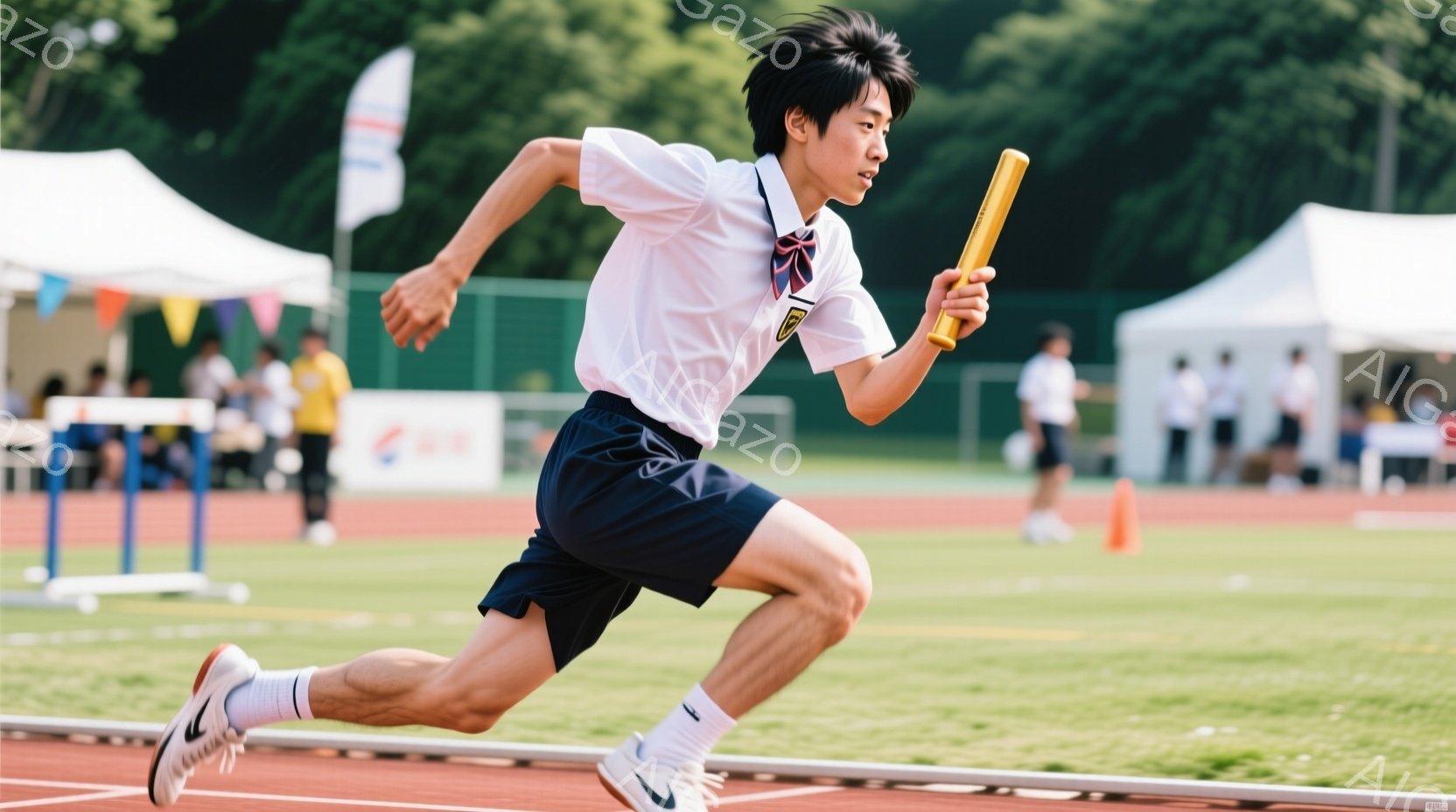 陸上競技場で走る男子学生が写っている。彼は紺色の短パンと白いポロシャツを着ており、足元はスパイクを履いている。表情は真剣で、リレーのバトンを高く掲げながら、力強く走り続けている。