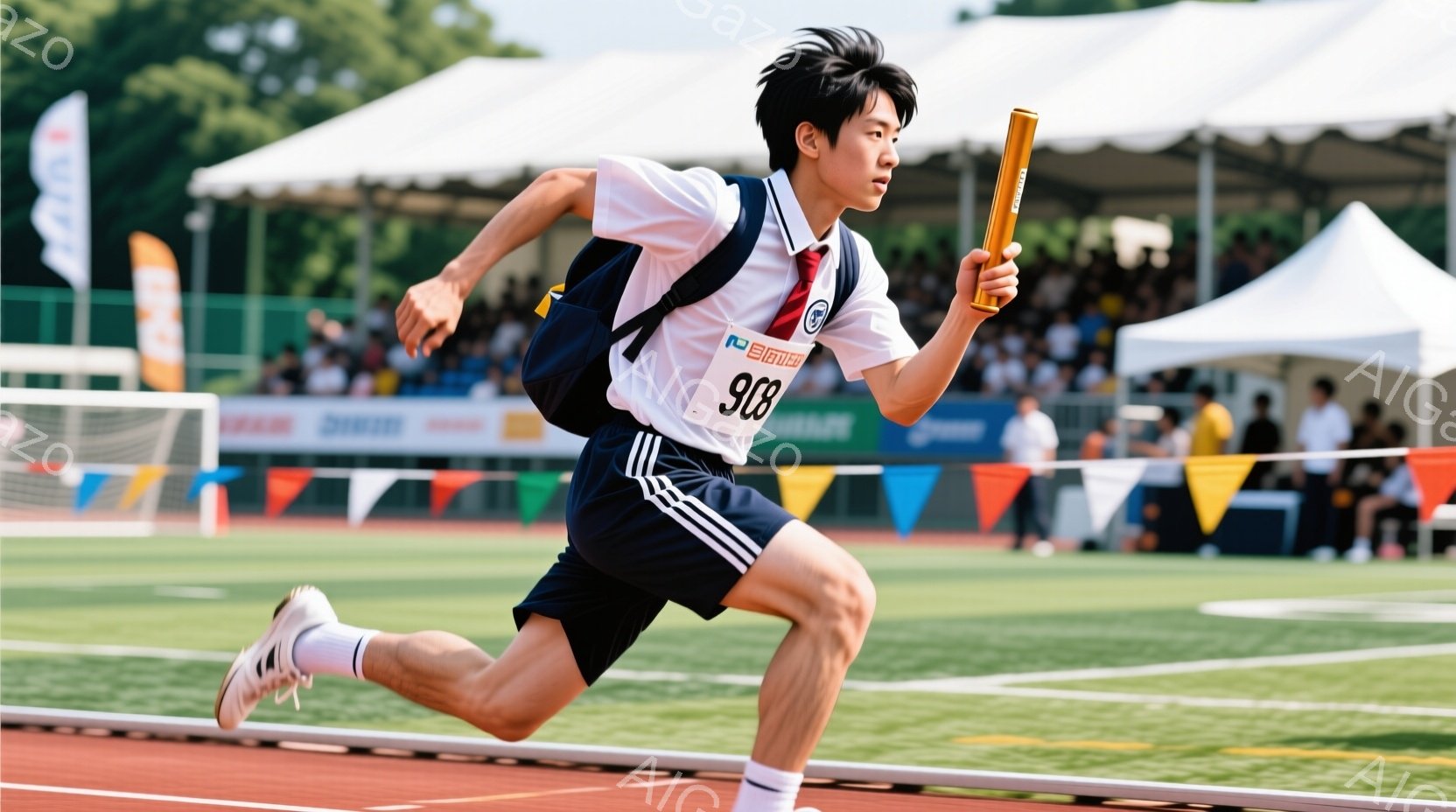 黒いショートパンツと白いストライプの入ったシャツを着た少年が、競技場で走り、リレーのバトンを手にしている。彼の髪は短く、顔には集中した表情が見られる。背景にはトラック、観客席、そして木々が見え、晴れた - AI生成フリー素材