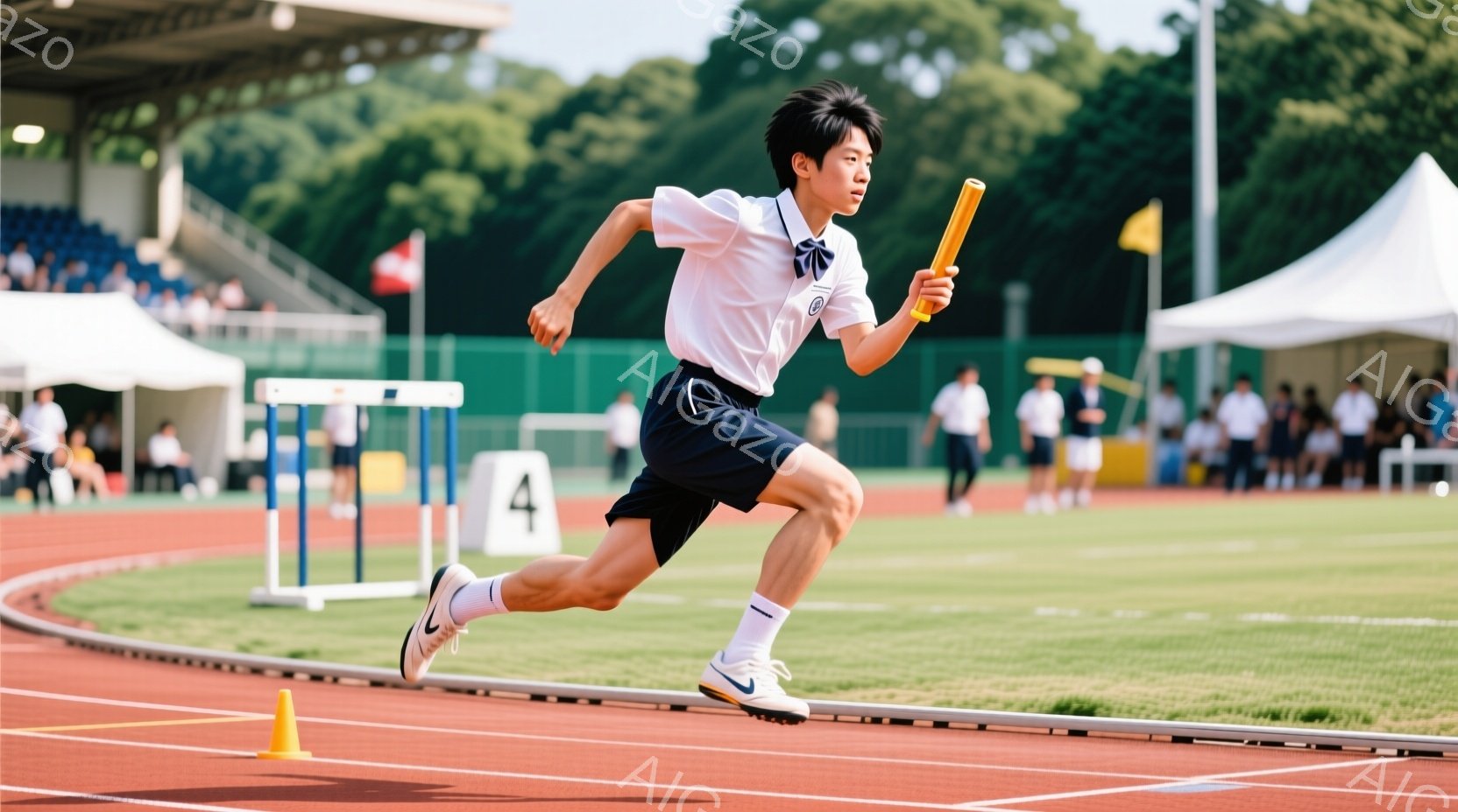 短い髪の少年がトラックを走っている。白いシャツに紺色の短パン、そして青いスニーカーを履き、右手にバトンを持っている。背景には観客席と緑豊かな自然が見え、晴れた日の運動会の様子を表している。 - AI生成フリー素材