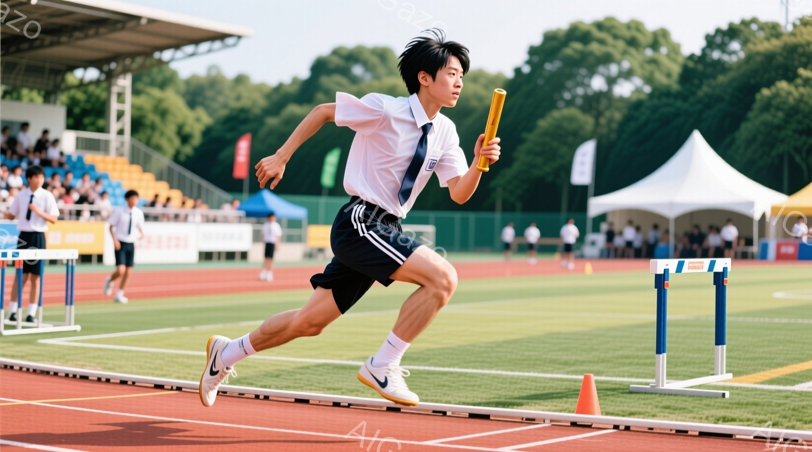 男子は、陸上競技場でハードル走をしている最中だ。白いシャツに黒い短パン、そして白い靴を履いており、走ることに集中した真剣な表情をしている。背景には観客席や緑豊かな自然が見え、晴天の下で活気のある競技が行われている様子が伝わる。