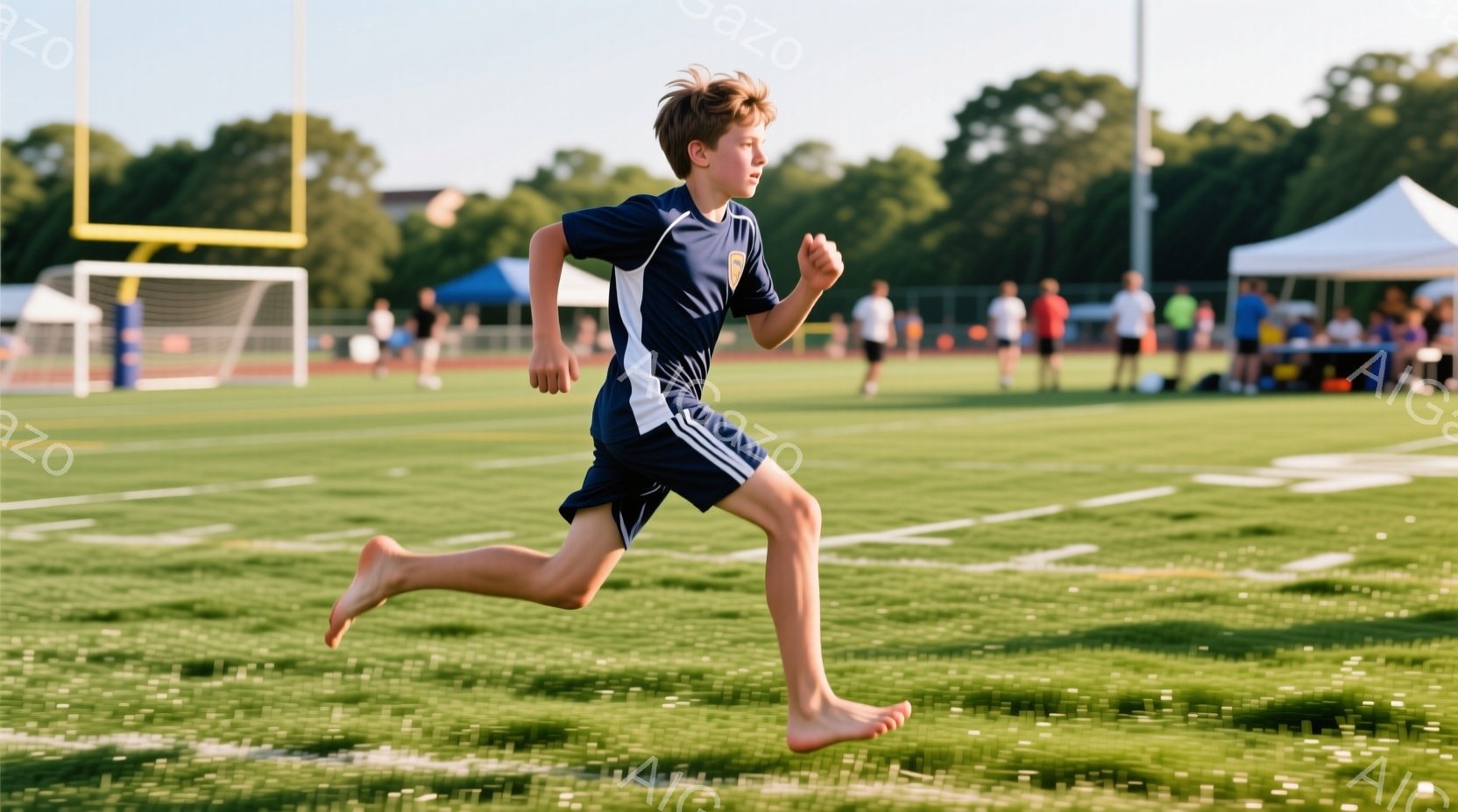 金色の髪の少年が、青と白のストライプのスポーツウェアを着て、裸足で芝生の上を走っている。彼の表情は集中しており、前方をしっかりと見据えている。背景には、フットボールのゴールポスト、観客席、そしてテントがぼんやりと見え、晴れた日の屋外競技場の様子がうかがえる。