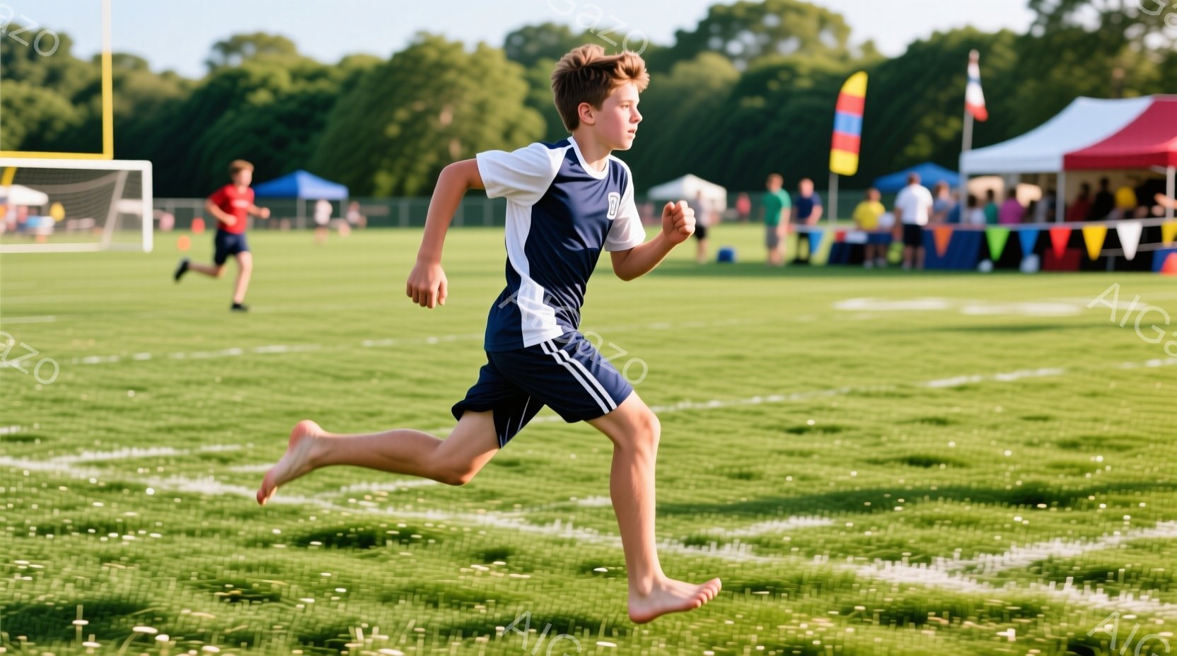少年は緑の芝生の上を裸足で走っており、青と白のストライプが入ったスポーツウェアを着ています。彼の髪は短く、顔には走ることに集中した表情が見られます。背景には、旗やテントが立ち並び、青空の下で屋外のスポーツイベントが行われている様子が伺えます。