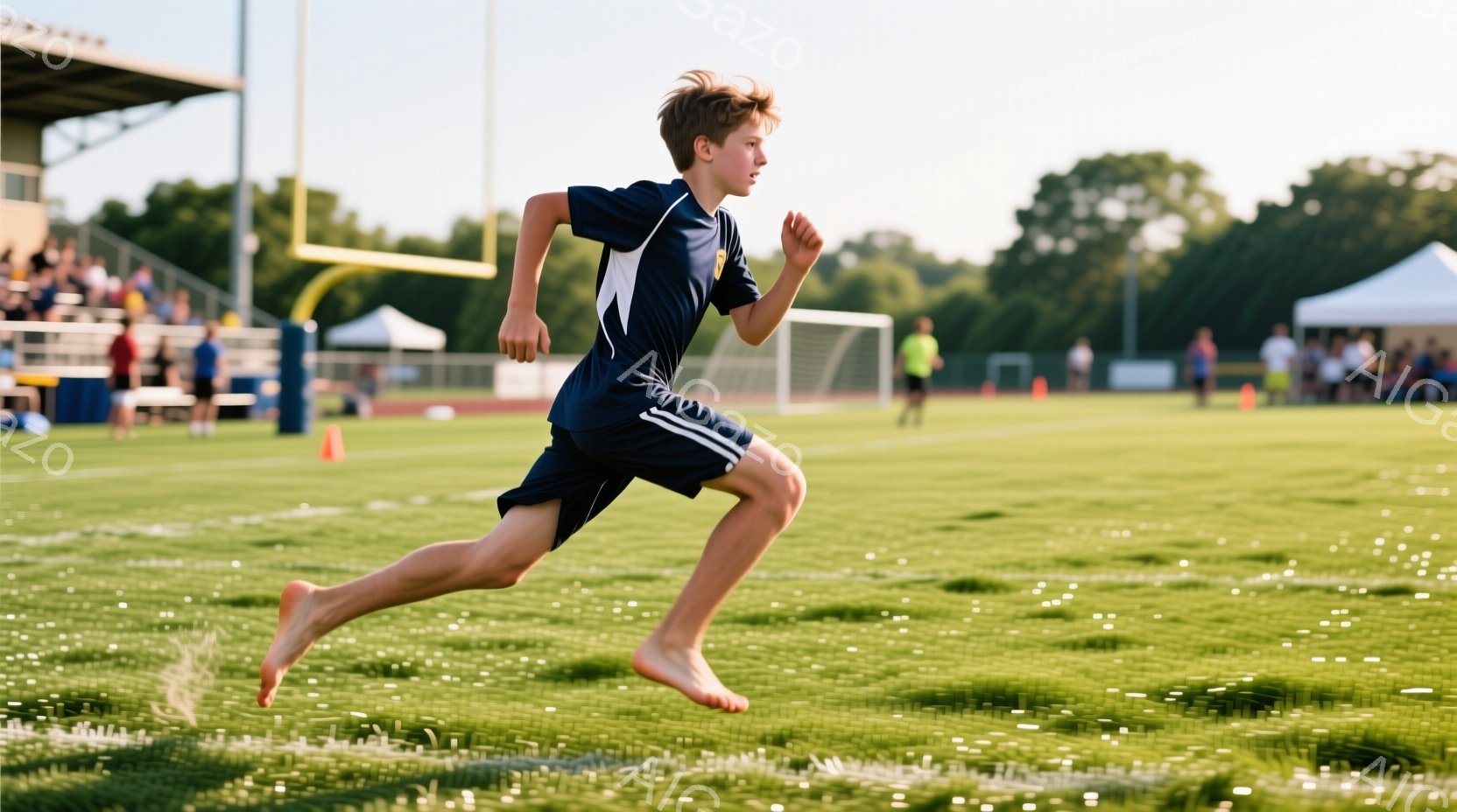 若い少年が芝生の上を裸足で走っている様子が写っている。彼は紺色のシャツと短パンを着ており、髪は明るい茶色で少し乱れている。背景には観客席やサッカーゴールが見え、晴天の下、活気に満ちたスポーツイベントの様子が伺える。