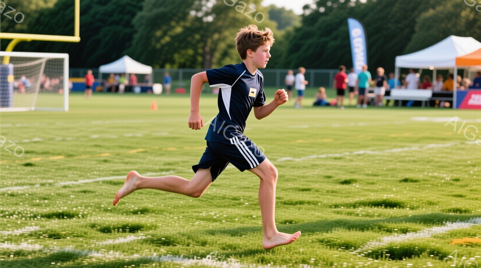 少年は緑の芝生の上を裸足で走っており、濃い青色のスポーツウェアと白いストライプが特徴的です。彼の髪は金髪で短く、走ることに集中しているため、表情は真剣です。背景には白いテントや観客、そして緑豊かな木々が見え、晴れた日の屋外スポーツイベントの活気ある雰囲気が伝わってきます。