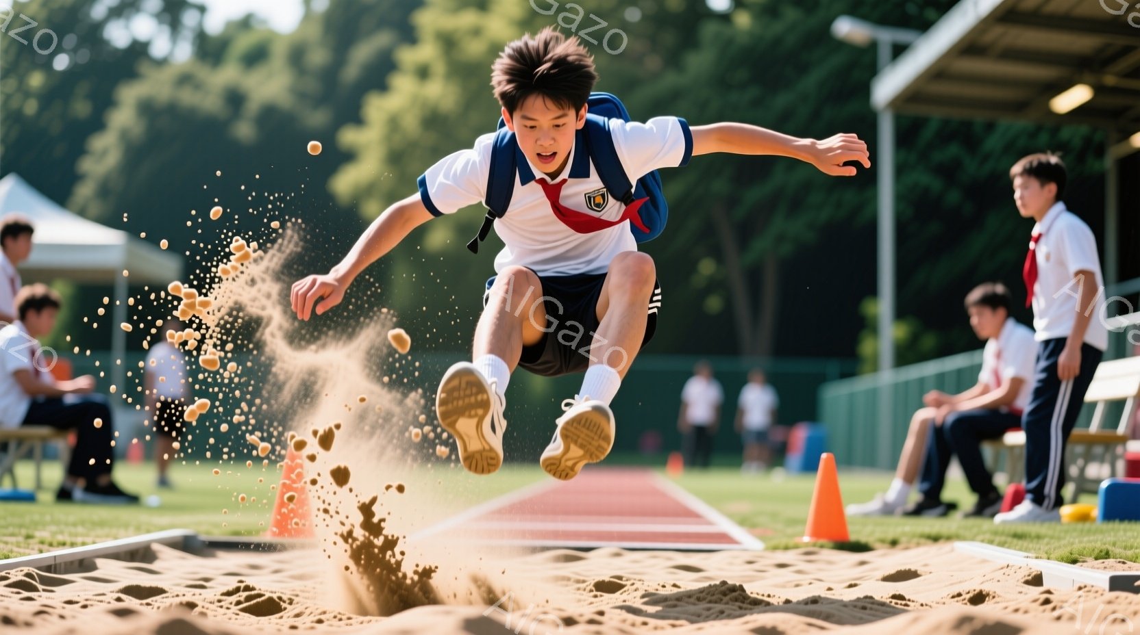 少年は、砂場に飛び込む途中であり、身体全体で勢いよく着地しようとしている。紺色のラインが入った白い体操服を着ており、髪は短く整えられている。背景にはトラックと観客席が見え、晴れた空の下、運動会の活気あふれる雰囲気が伝わる。
