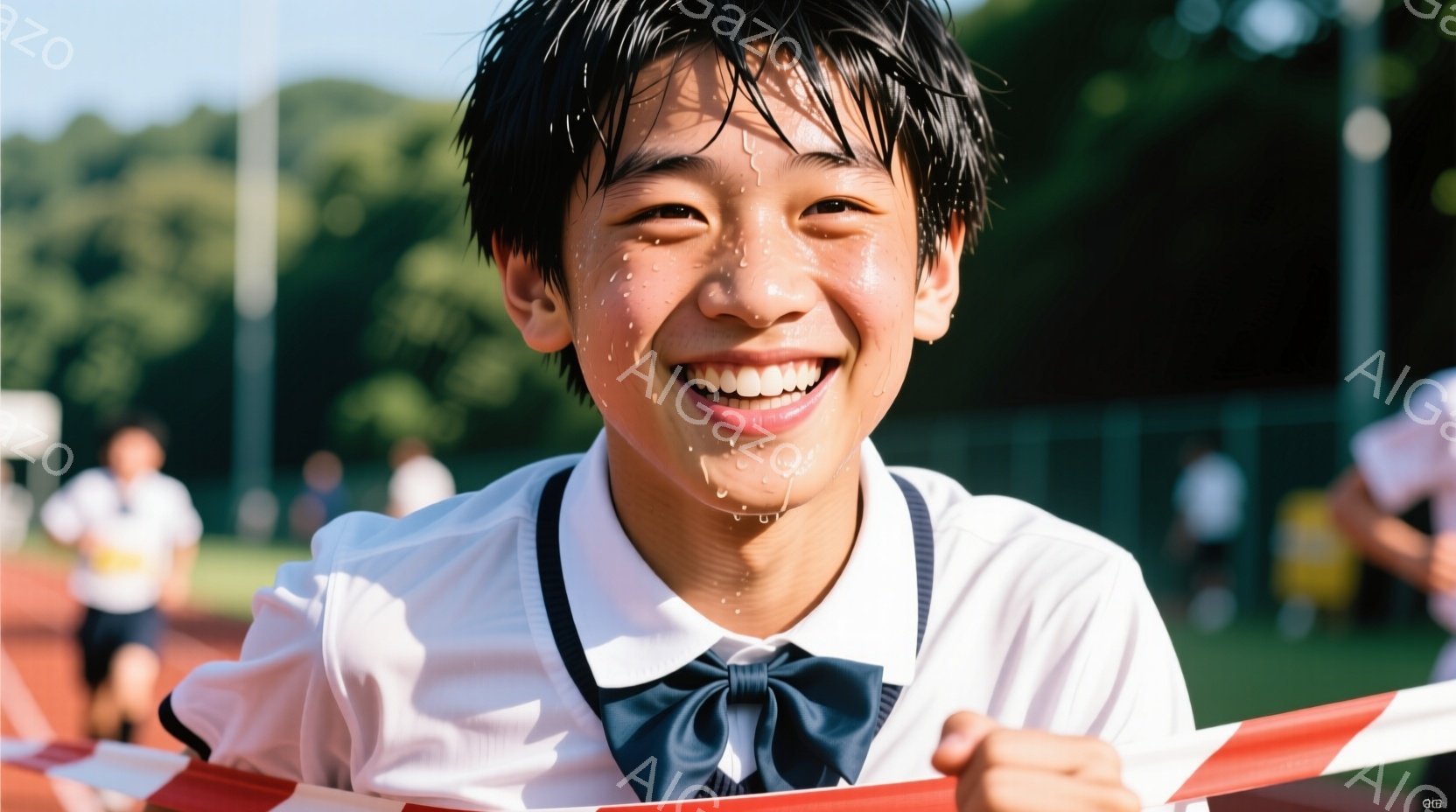 制服姿の少年が、真っ赤なリボンを握り、満面の笑顔でこちらを見ている。髪は濡れており、額には汗が光っていることから、運動後であると推測できる。背景には緑豊かな木々と、赤いトラックの一部が見え、晴天の下で - AI生成フリー素材