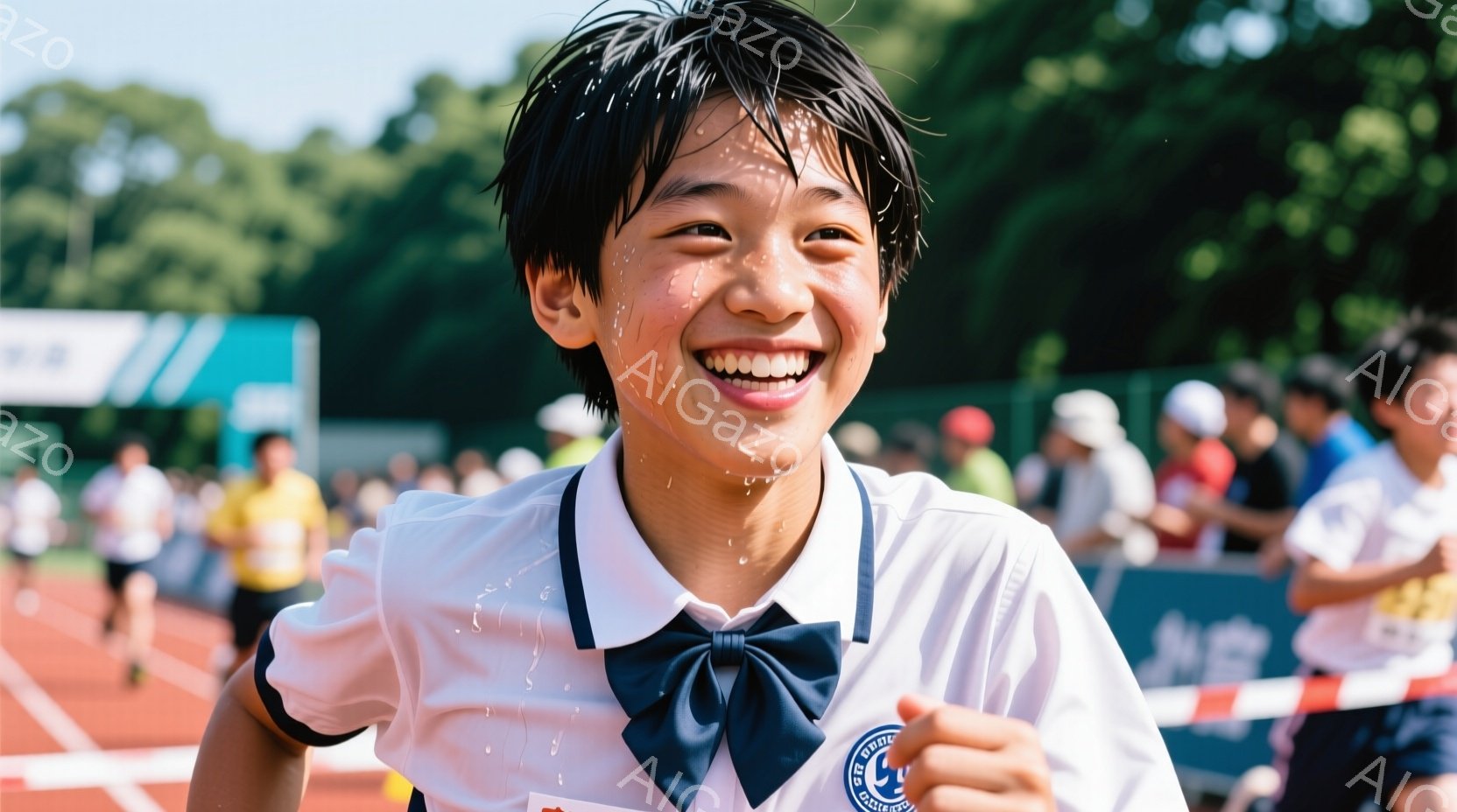 短い髪の少年が、白いシャツとネクタイ姿で、満面の笑みを浮かべている。額や頬には汗が光り、走った後なのか、活気に満ちた様子が伝わってくる。背景にはトラックと観客席が見え、運動会や競技会の熱気が感じられる。